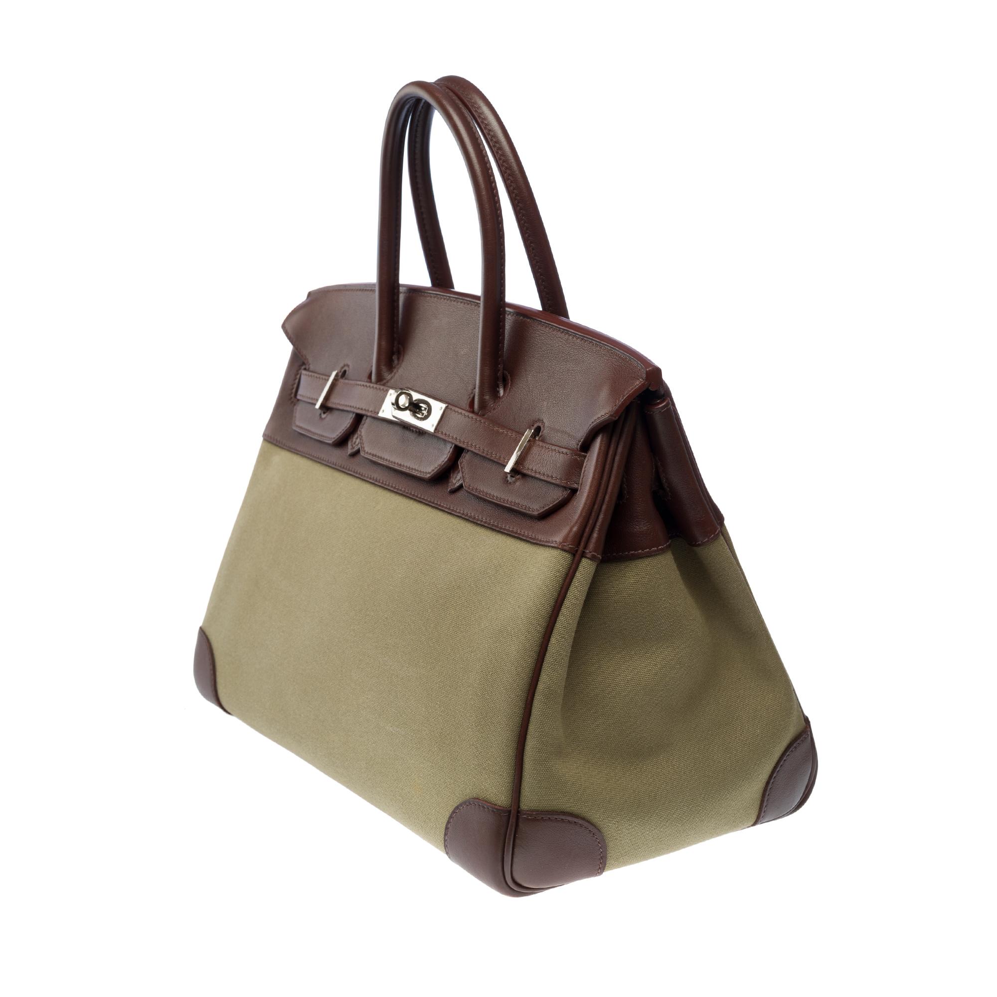 Brown Fantastic Hermès Birkin 35 handbag in brown swift leather & khaki Canvas, SHW For Sale