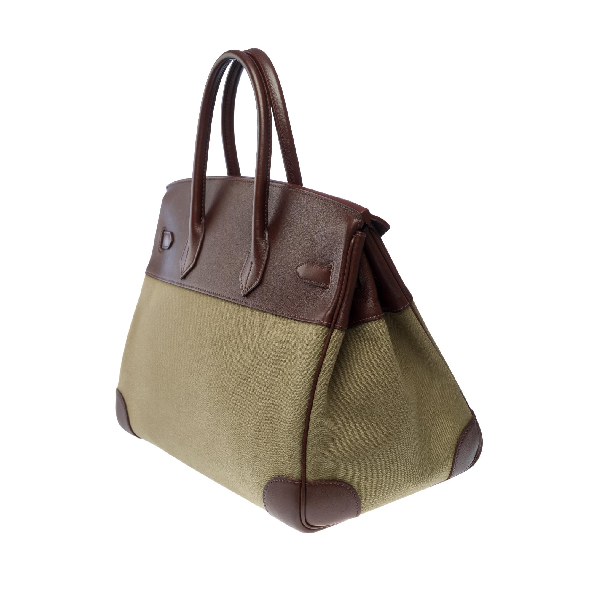 Fantastic Hermès Birkin 35 handbag in brown swift leather & khaki Canvas, SHW In Good Condition For Sale In Paris, IDF