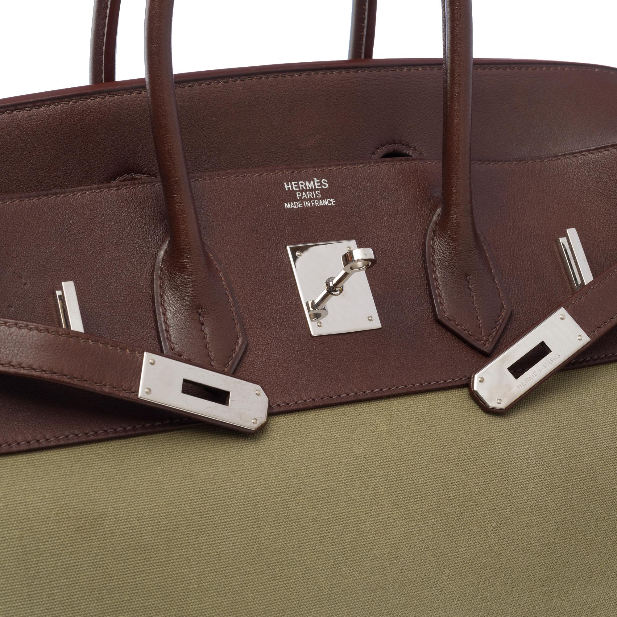 Fantastique sac à main Hermès Birkin 35 en cuir de martinet marron et toile kaki, SHW Unisexe en vente