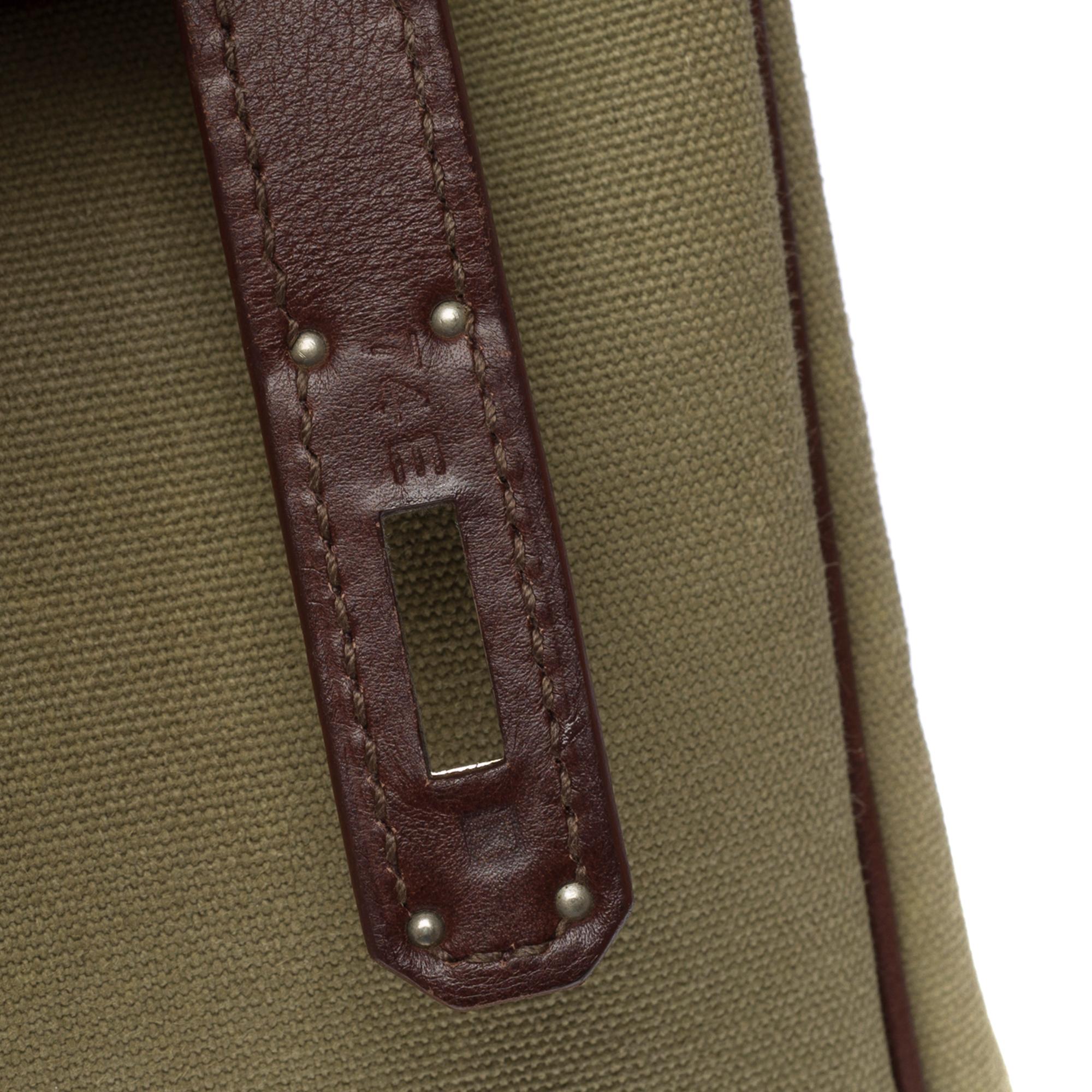 Fantastique sac à main Hermès Birkin 35 en cuir de martinet marron et toile kaki, SHW en vente 1