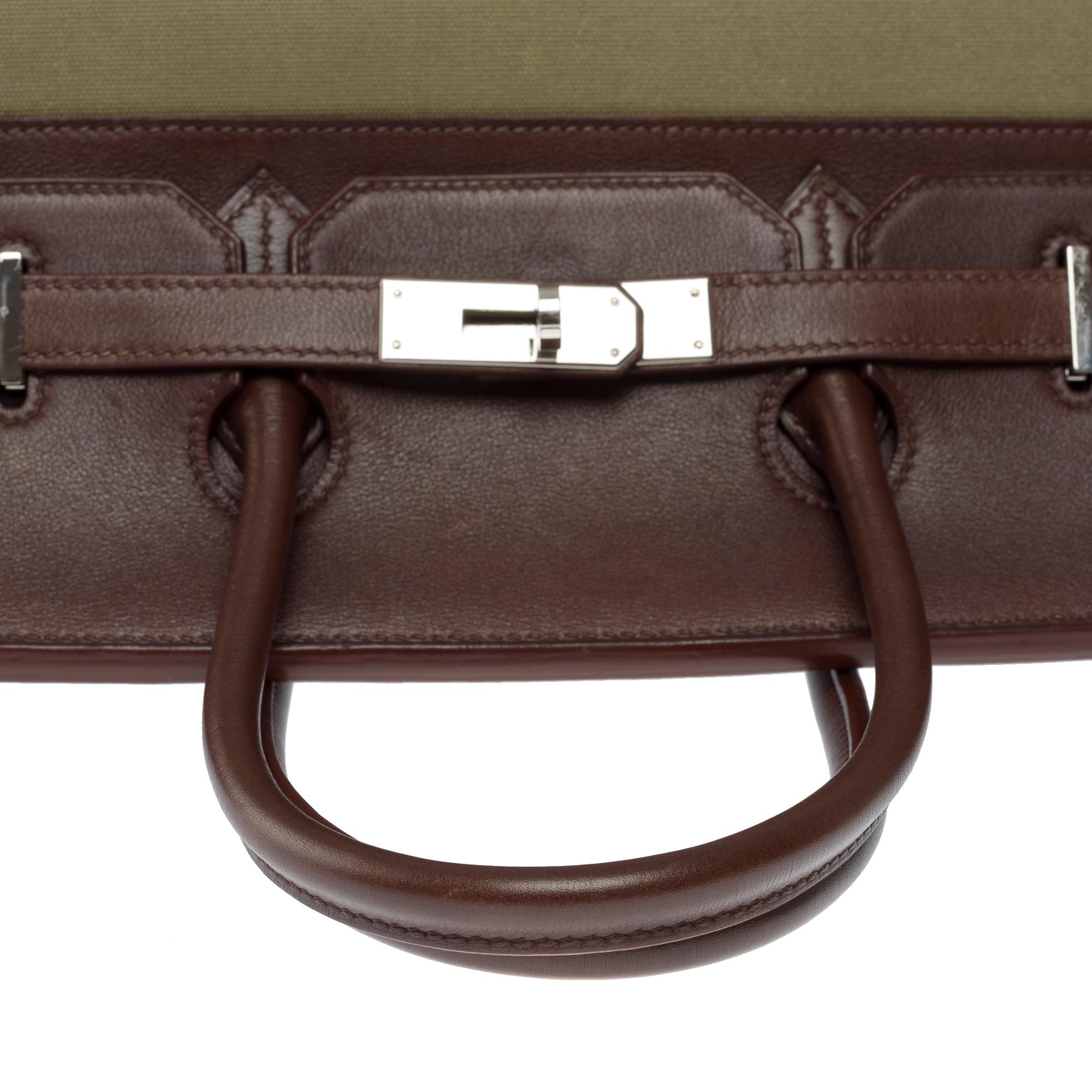 Fantastique sac à main Hermès Birkin 35 en cuir de martinet marron et toile kaki, SHW en vente 3