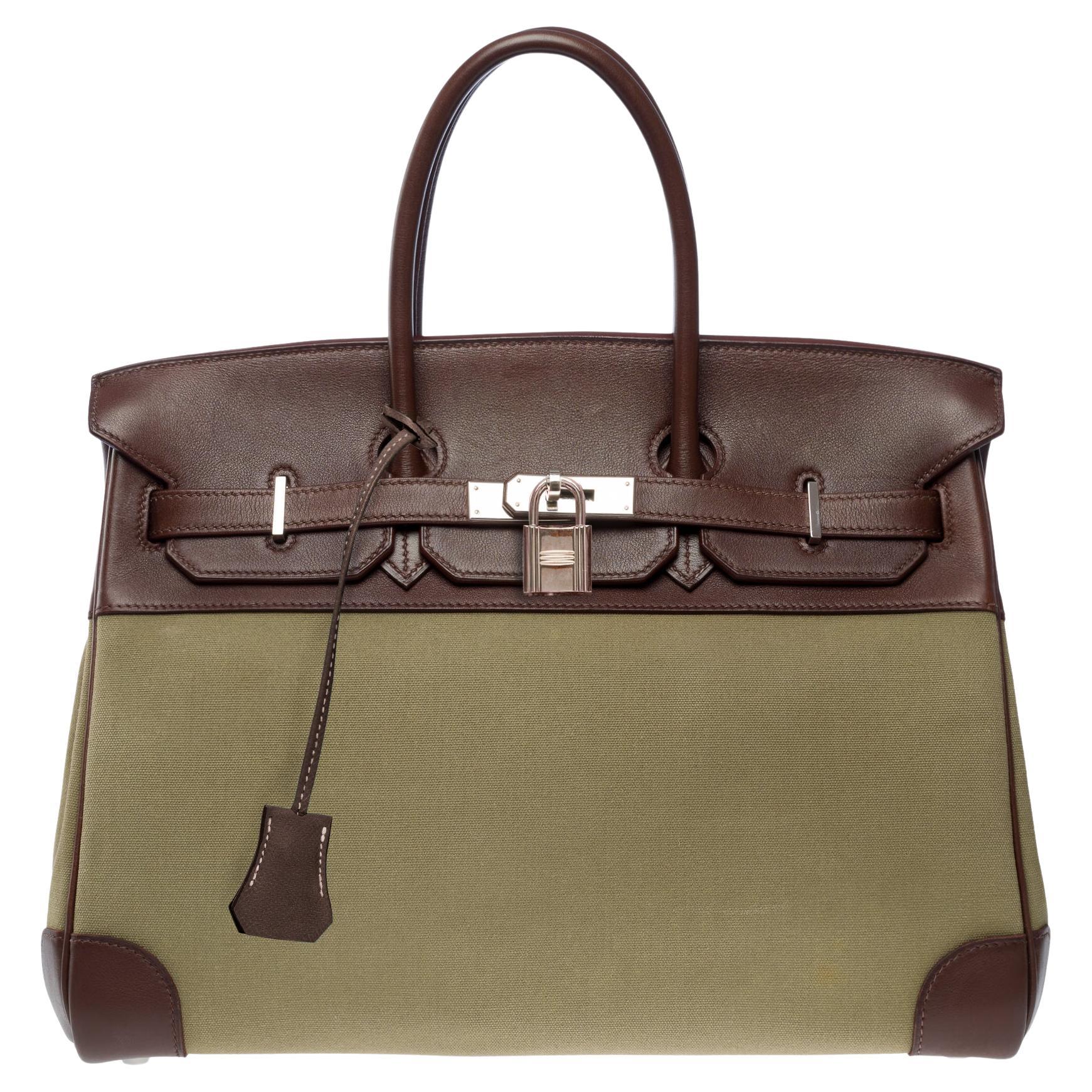 Fantastic Hermès Birkin 35 handbag in brown swift leather & khaki Canvas, SHW