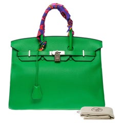 Fantastique sac à main Hermès Birkin 35 en cuir Greene & Greene Greene, SHW