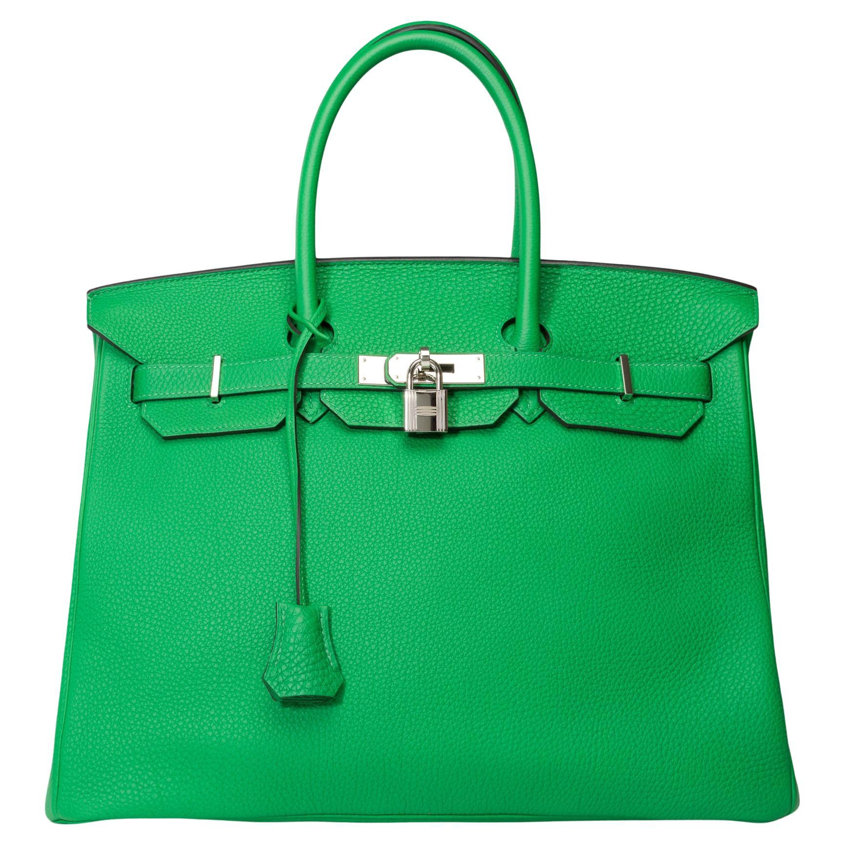 Fantastique sac à main Hermès Birkin 35 en cuir Greene & Greene Greene, SHW en vente