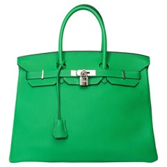 Fantastique sac à main Hermès Birkin 35 en cuir Greene & Greene Greene, SHW