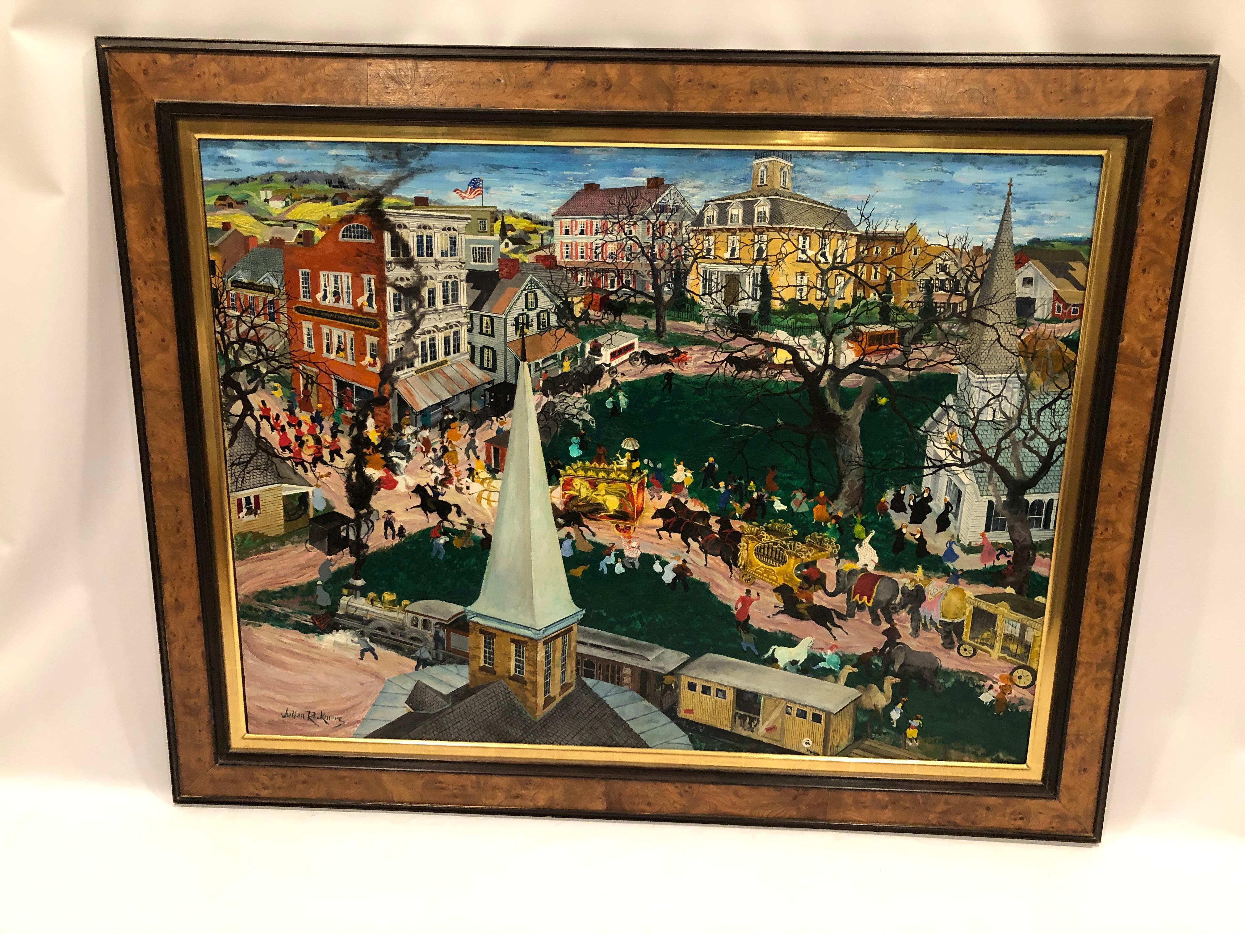 Incredibly detailed whimsical large canvas of a circus coming to an old American town, by artist Jullian Rockmore, signed lower left. Rockmore came from a family of artists and his work is very collectible. The style is faux naive, with a nod to
