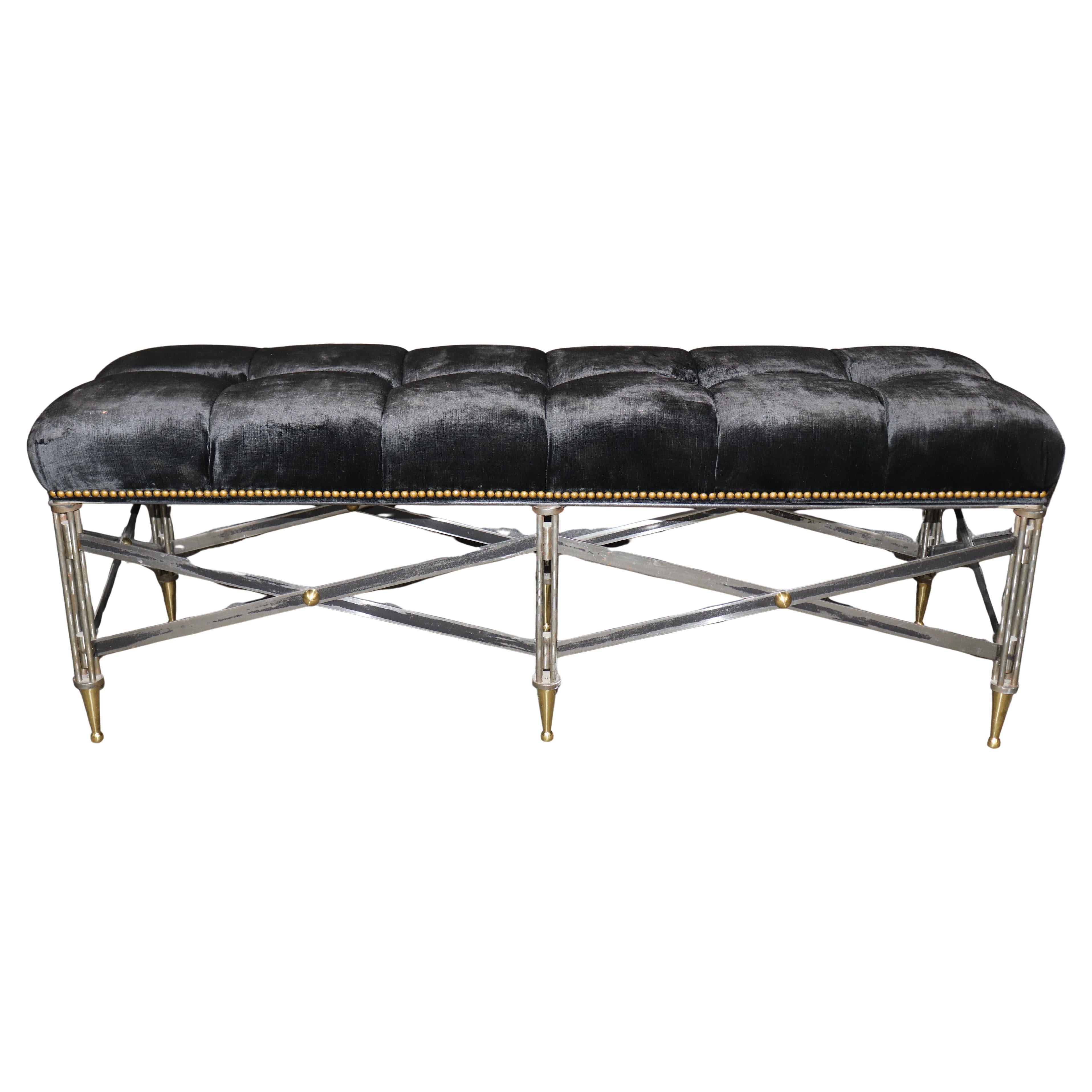 Fantastic Hollywood Regency Tufted Steel Brass Window Bench Manner Andre Arbus