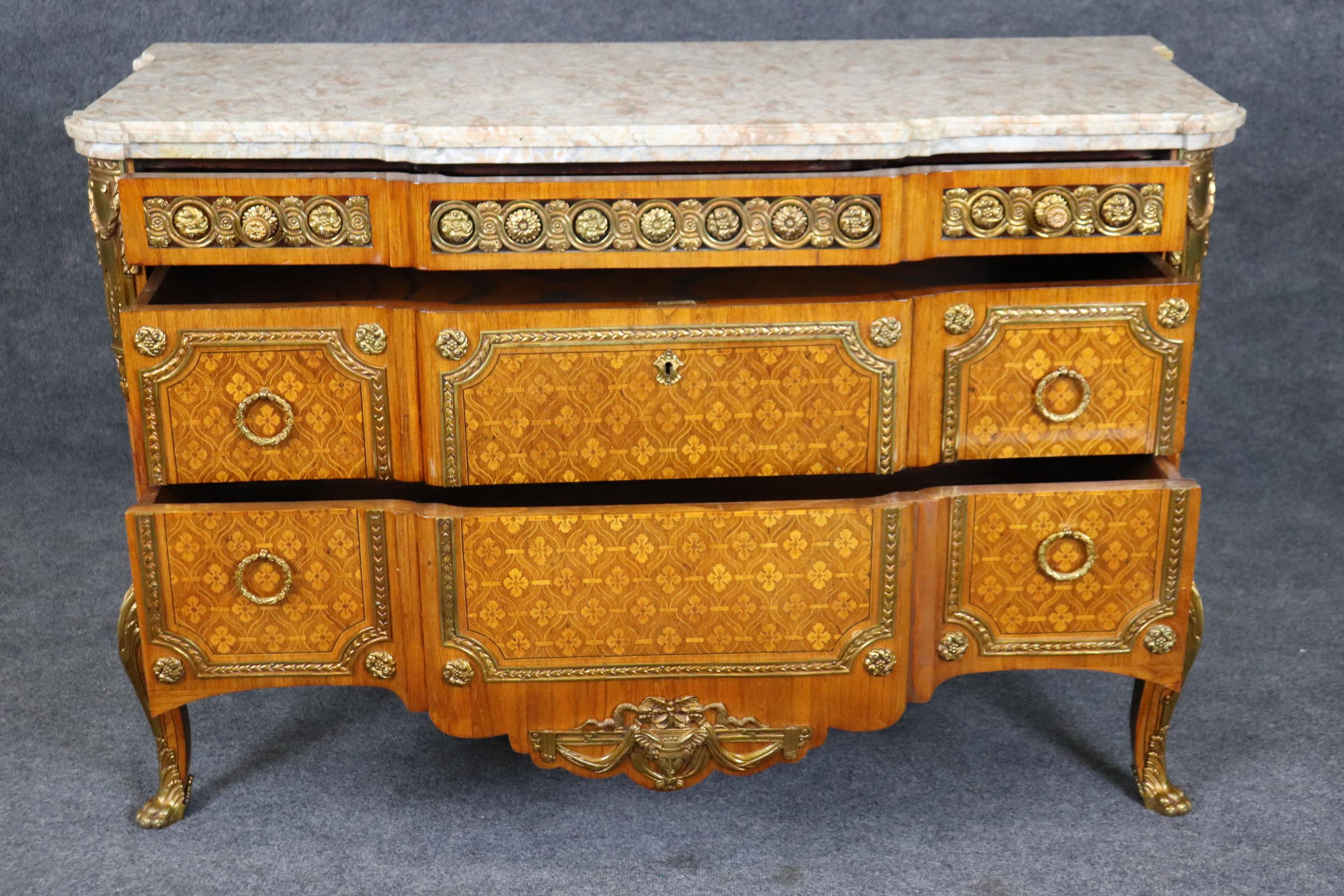 Mid-20th Century Fantastic Inlaid French Louis XV Double-Thick Marble Top Commode  For Sale
