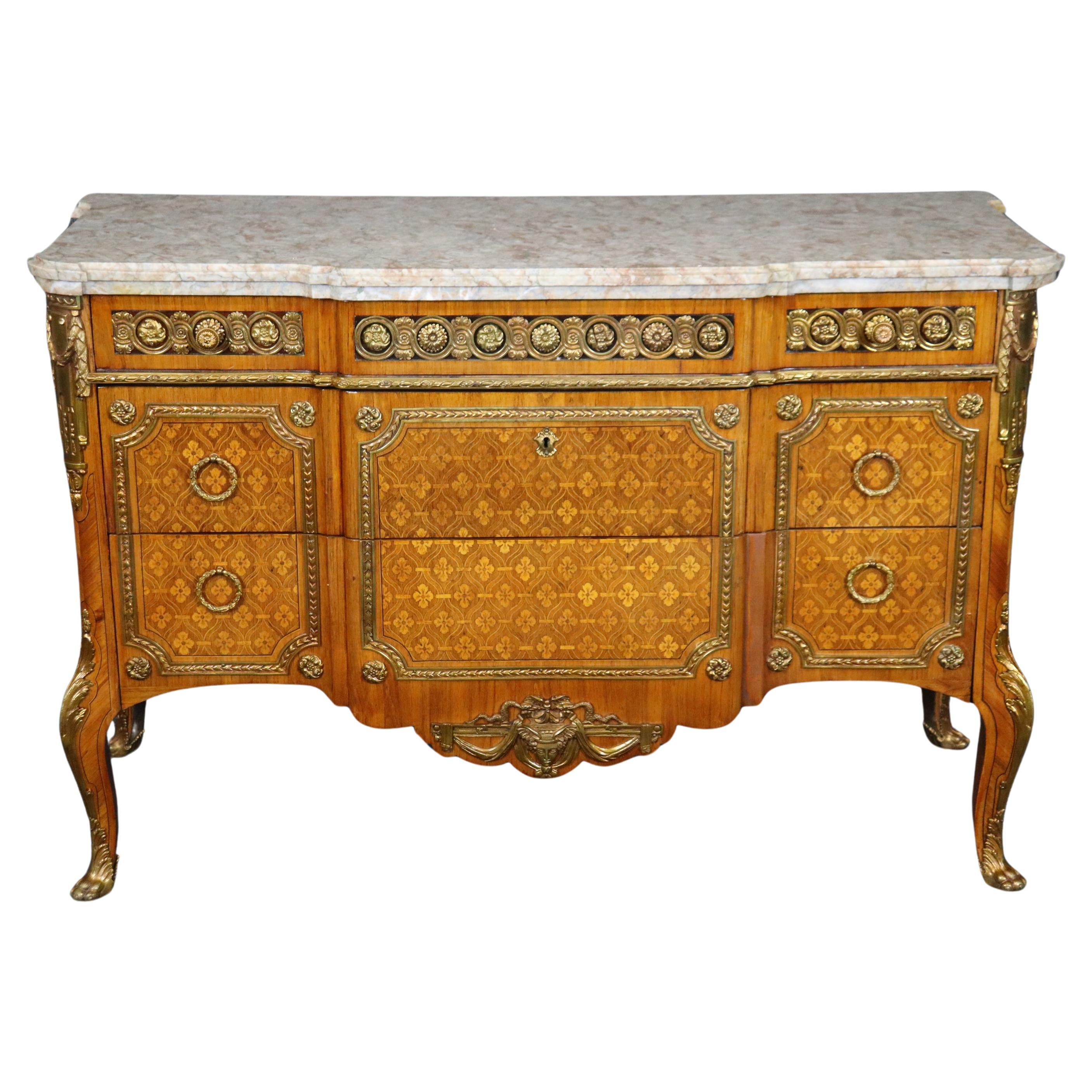 Fantastic Inlaid French Louis XV Double-Thick Marble Top Commode  For Sale