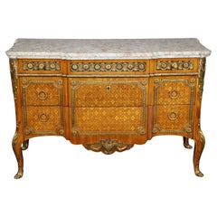 Vintage Fantastic Inlaid French Louis XV Double-Thick Marble Top Commode 