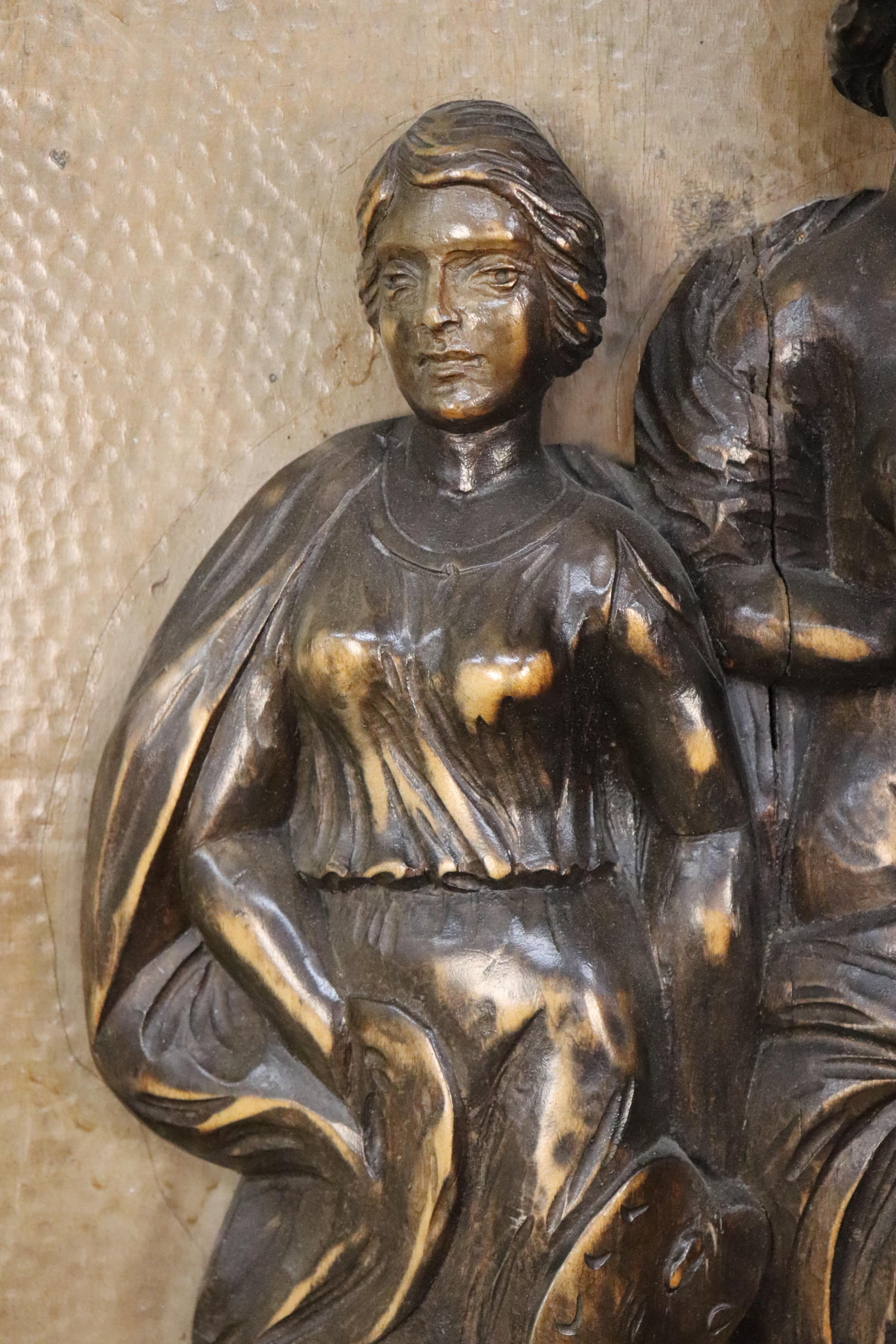 Fantastic Italian Tall Carved Walnut Figural Panel of Significant Age and Size In Good Condition For Sale In Swedesboro, NJ