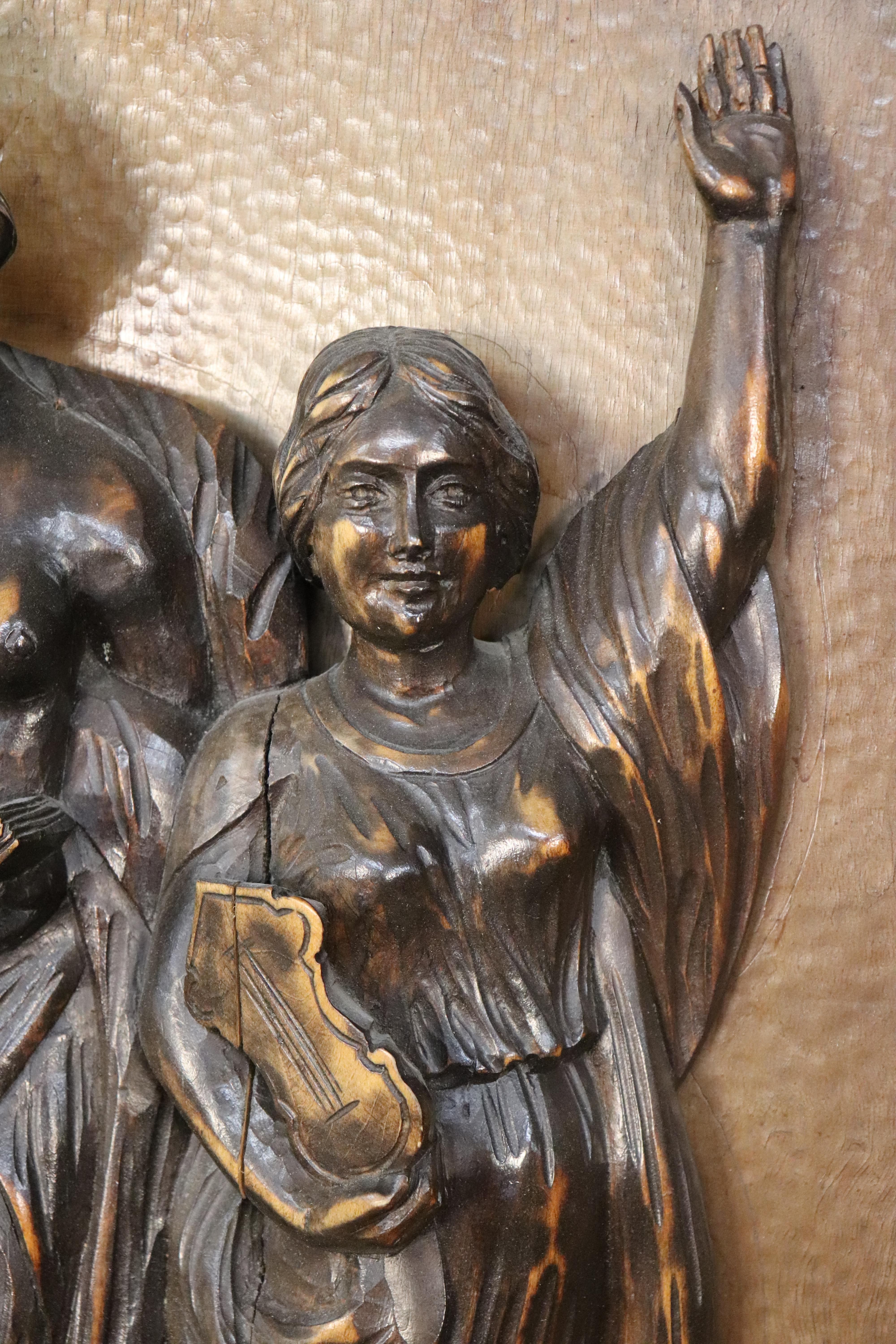 Fantastic Italian Tall Carved Walnut Figural Panel of Significant Age and Size For Sale 1