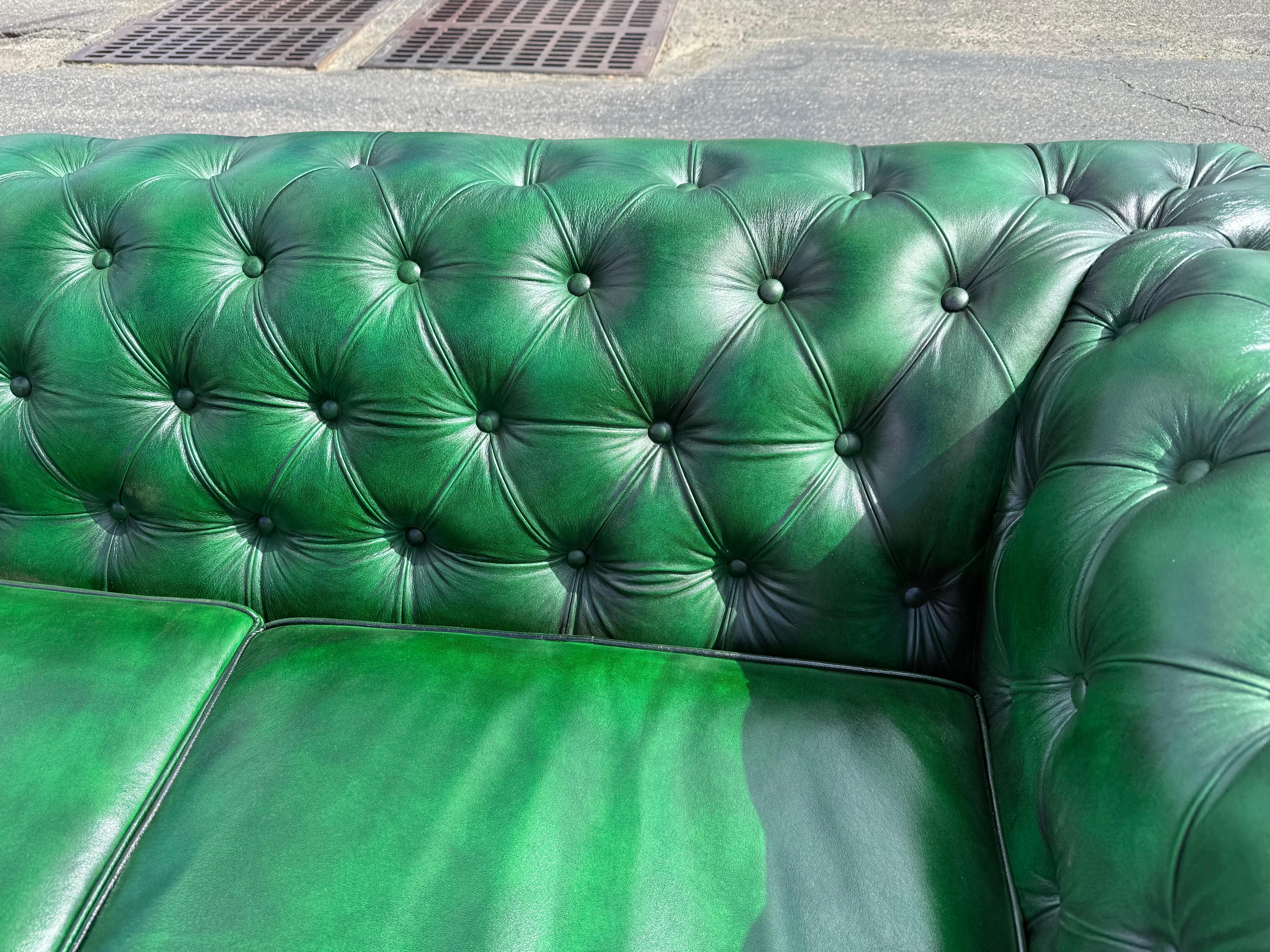 Fantastic Kelly Green 95 inch Custom-Made Genuine Leather Chesterfield Sofa For Sale 8