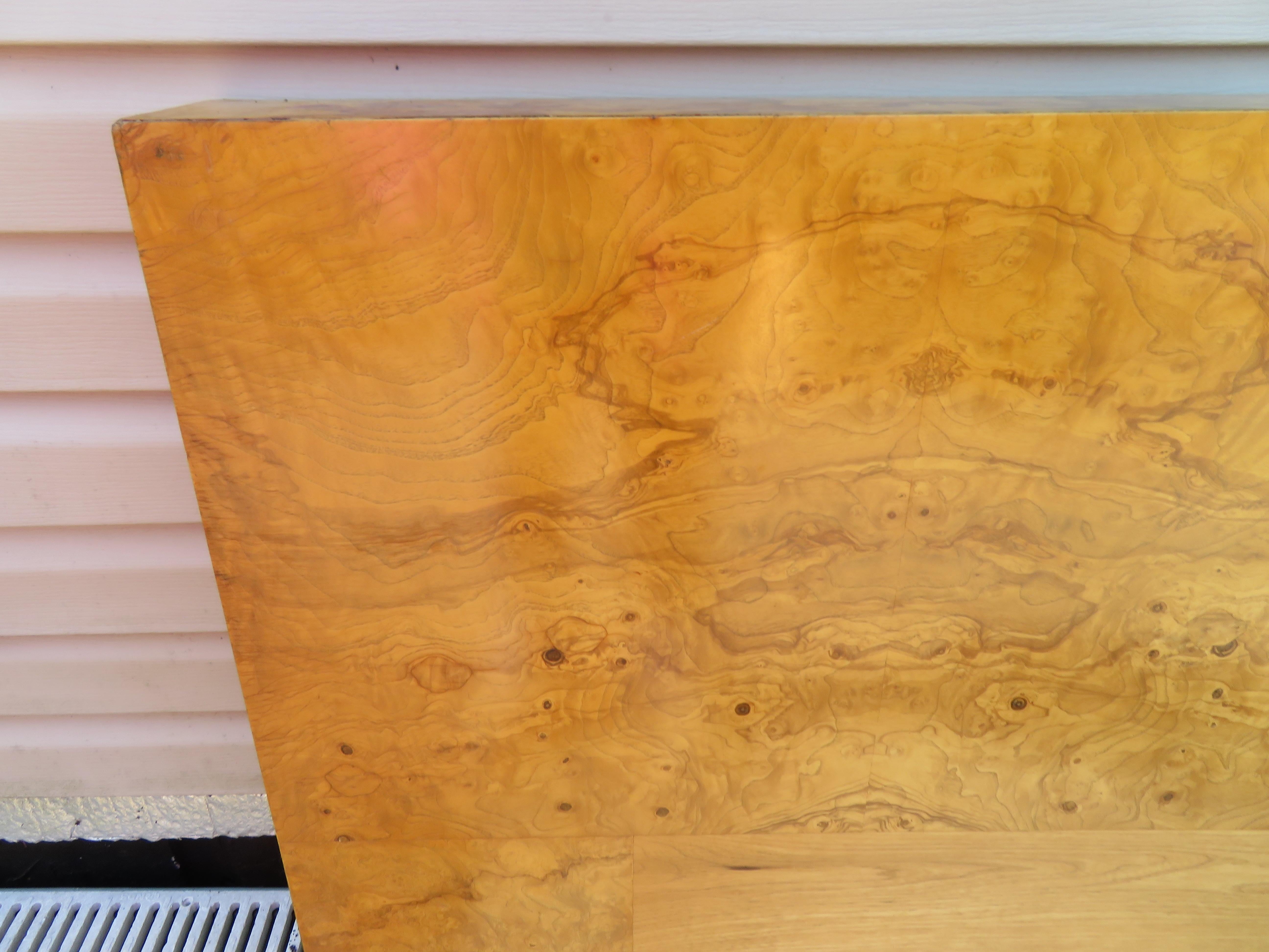Fantastic and rare Milo Baughman for Thayer Coggin burl wood king size headboard. This is actually the 1st actual Milo Baughman burl headboard we have ever had. They are few and far between, to say the least. This headboard can also be used with