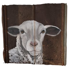 Fantastic Lamb Painting on Rustic Tin Signed Hamlin