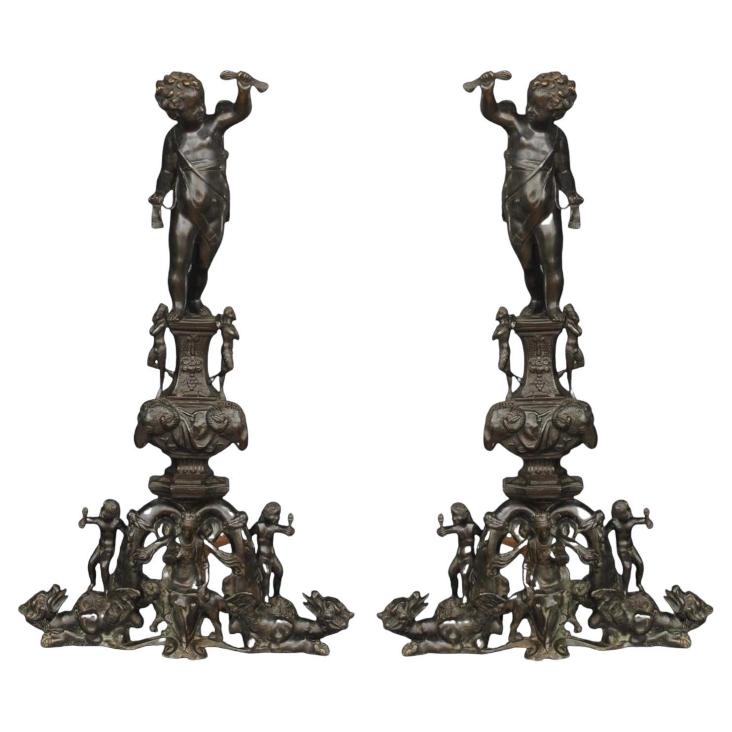 Fantastic Large Pair Of 19th Century Italian Bronze Andirons For Sale