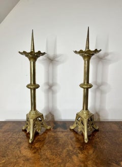 Fantastic large pair of antique brass pricket candlesticks