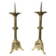 Fantastic large pair of antique brass pricket candlesticks 