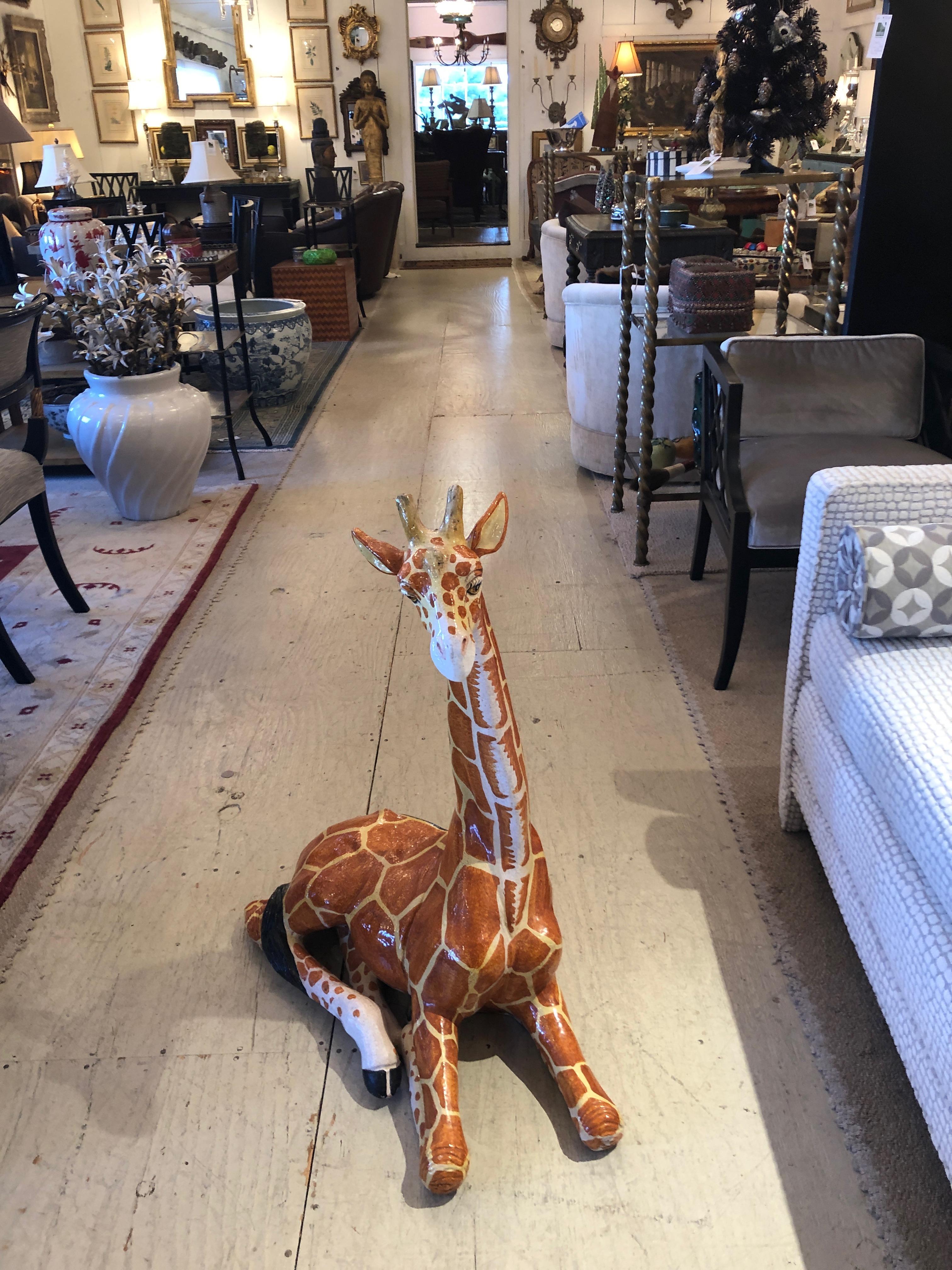 Fantastic Large Whimsical Italian Terracotta Handcrafted Giraffe Sculpture For Sale 3