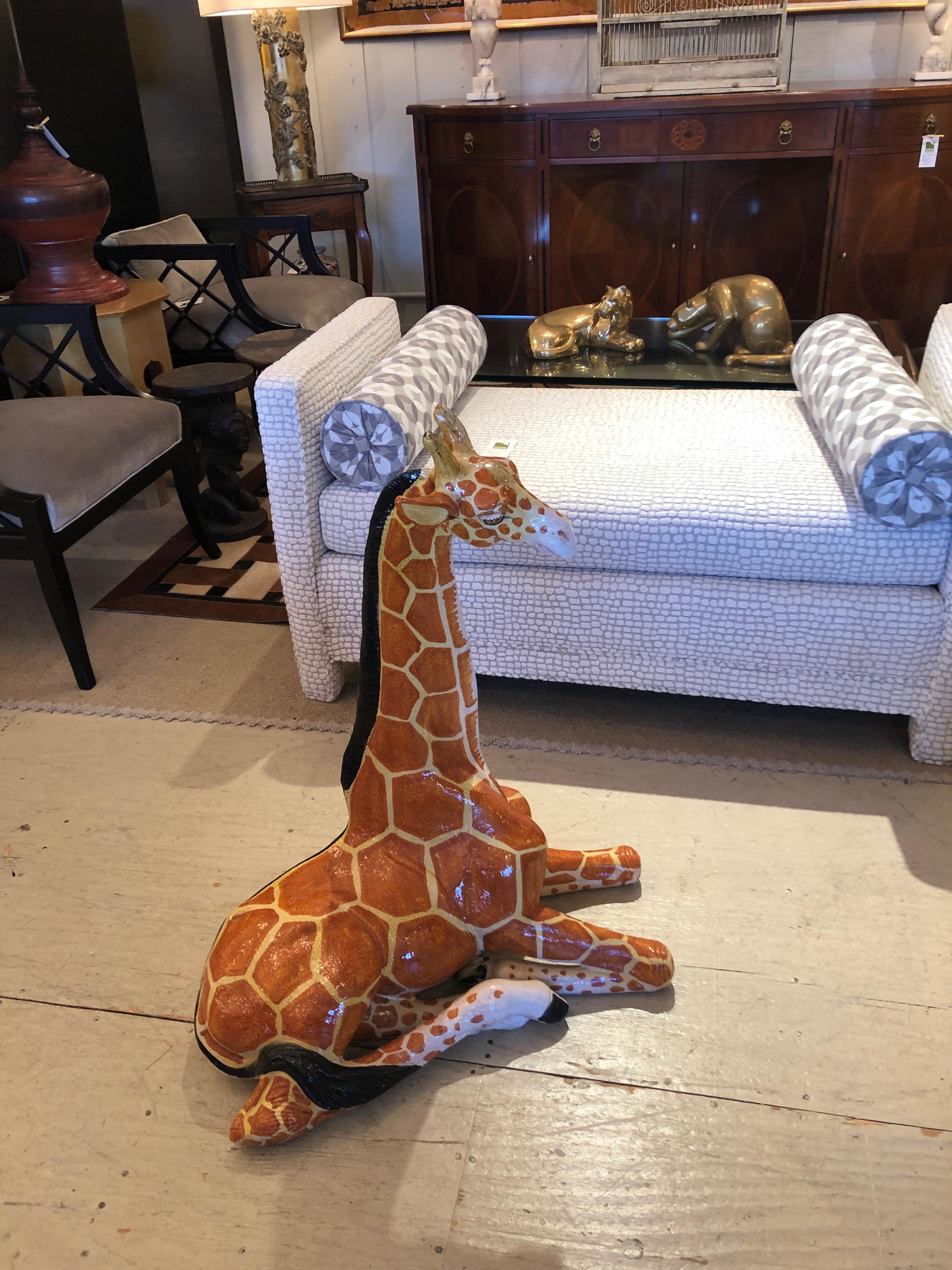 Fantastic Large Whimsical Italian Terracotta Handcrafted Giraffe Sculpture For Sale 1