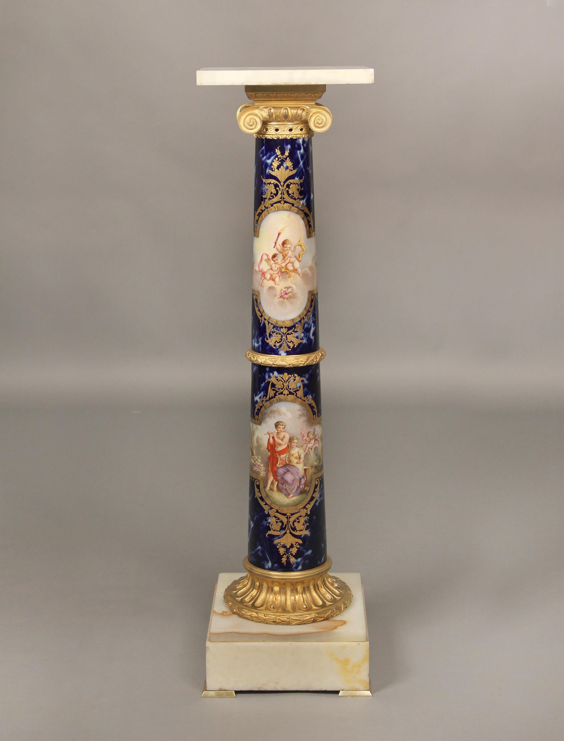 French Fantastic Late 19th Century Gilt Bronze Mounted Onyx and Sèvres Style Pedestal For Sale