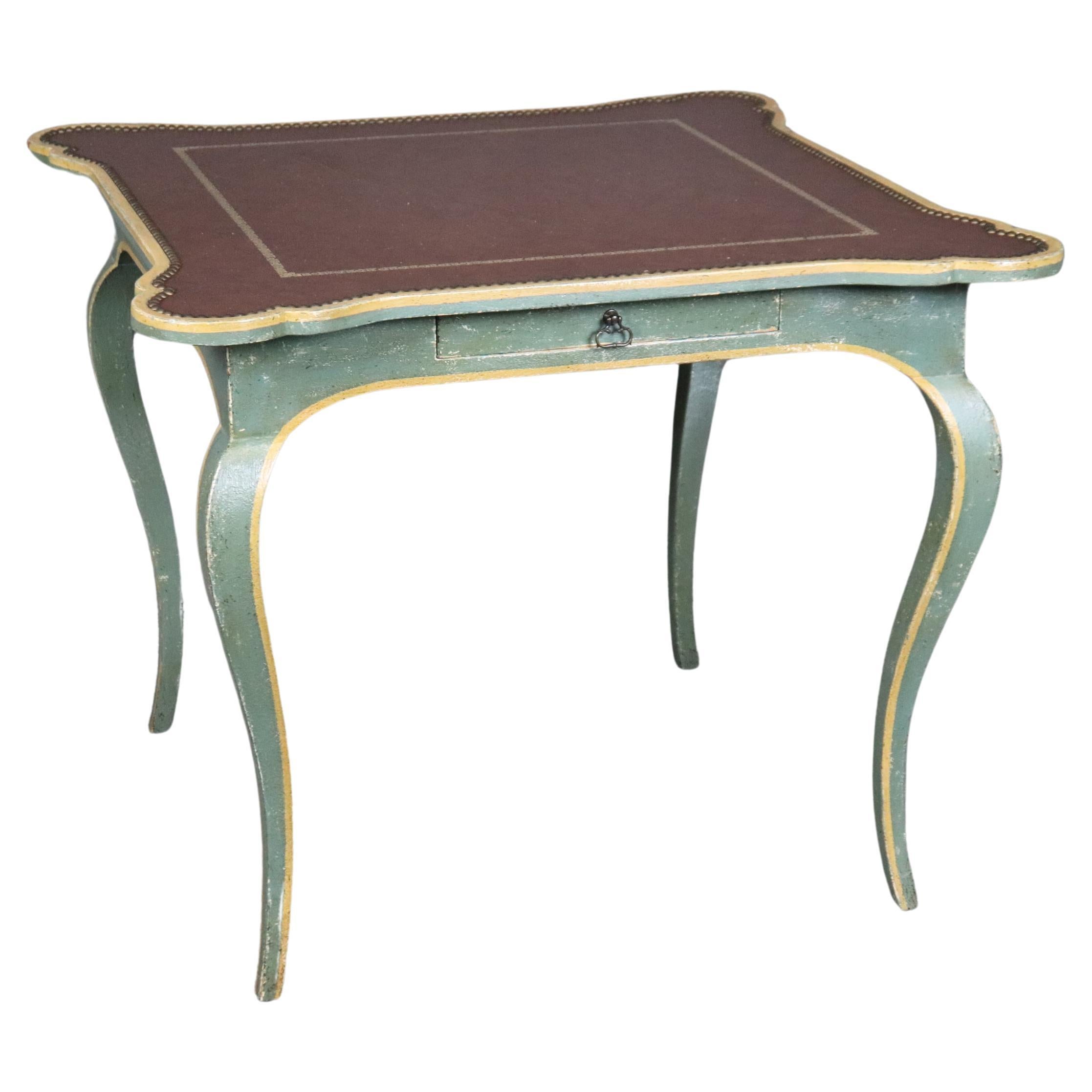 Fantastic Leather Top French Country Games Table in Original Green Paint