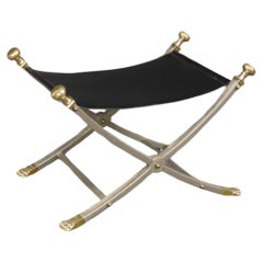 Fantastic Brass Steel & Leather Folding Footstool, attributed to Maison Jansen