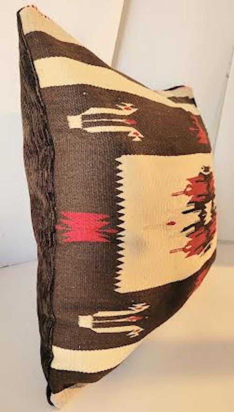 Fantastic Mexican/American Texcoco Indian Weaving pillow. Beautiful chocolate textured velvet backing with zippered casing. Feather and down insert.