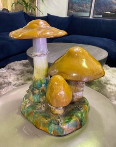 Fantastic Mid-Century Modern Painted Ceramic Mushroom Pottery Group Sculpture