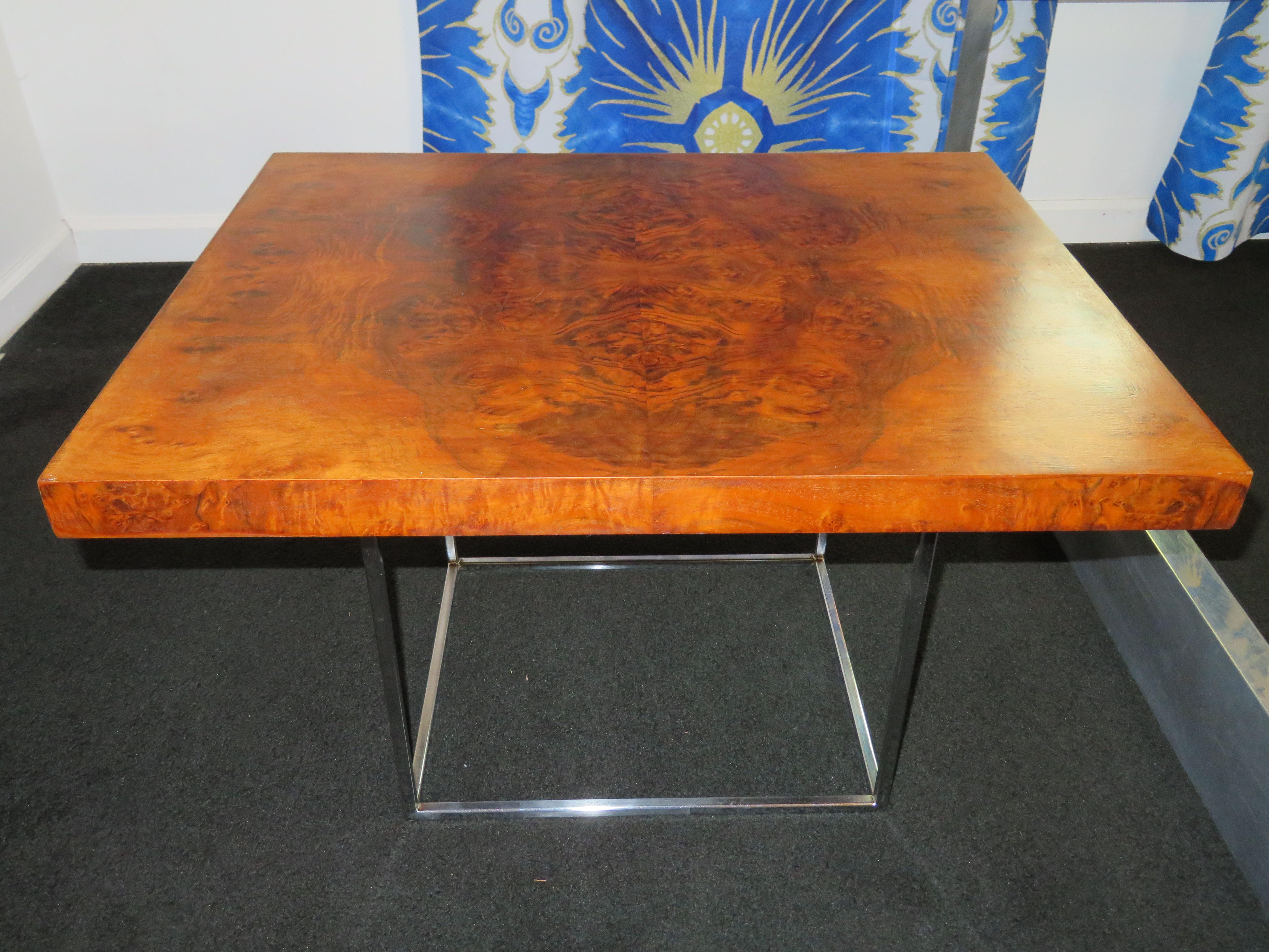 Fantastic rare burled walnut Milo Baughman side table with thin chrome frame. This table is in very nice vintage condition-top looks great! The thin chrome frame is also in very nice condition with a bright mirrored finish. This is a very rare
