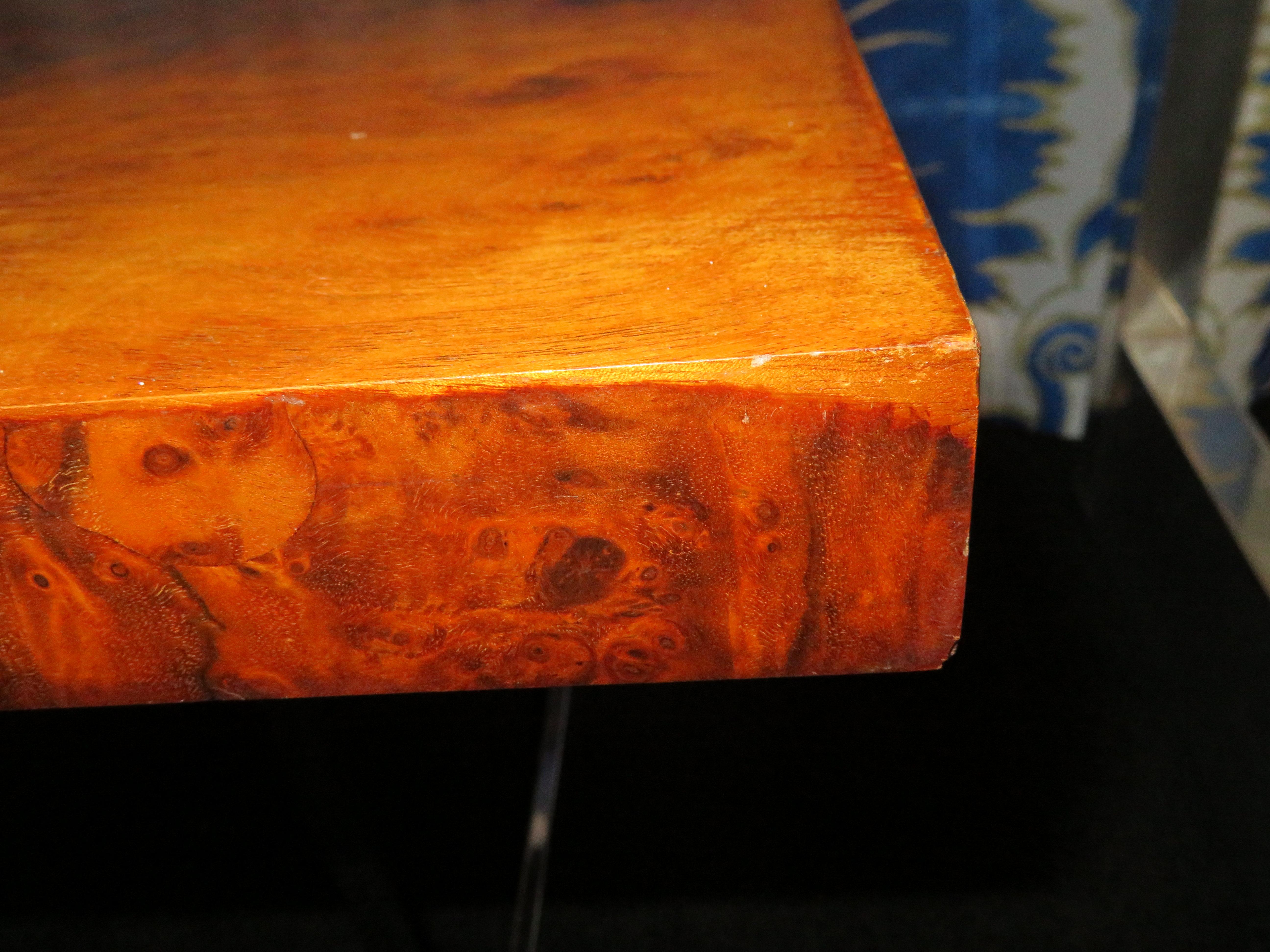 Mid-20th Century Fantastic Milo Baughman Burled Walnut Side End Table Thin Chrome Frame For Sale