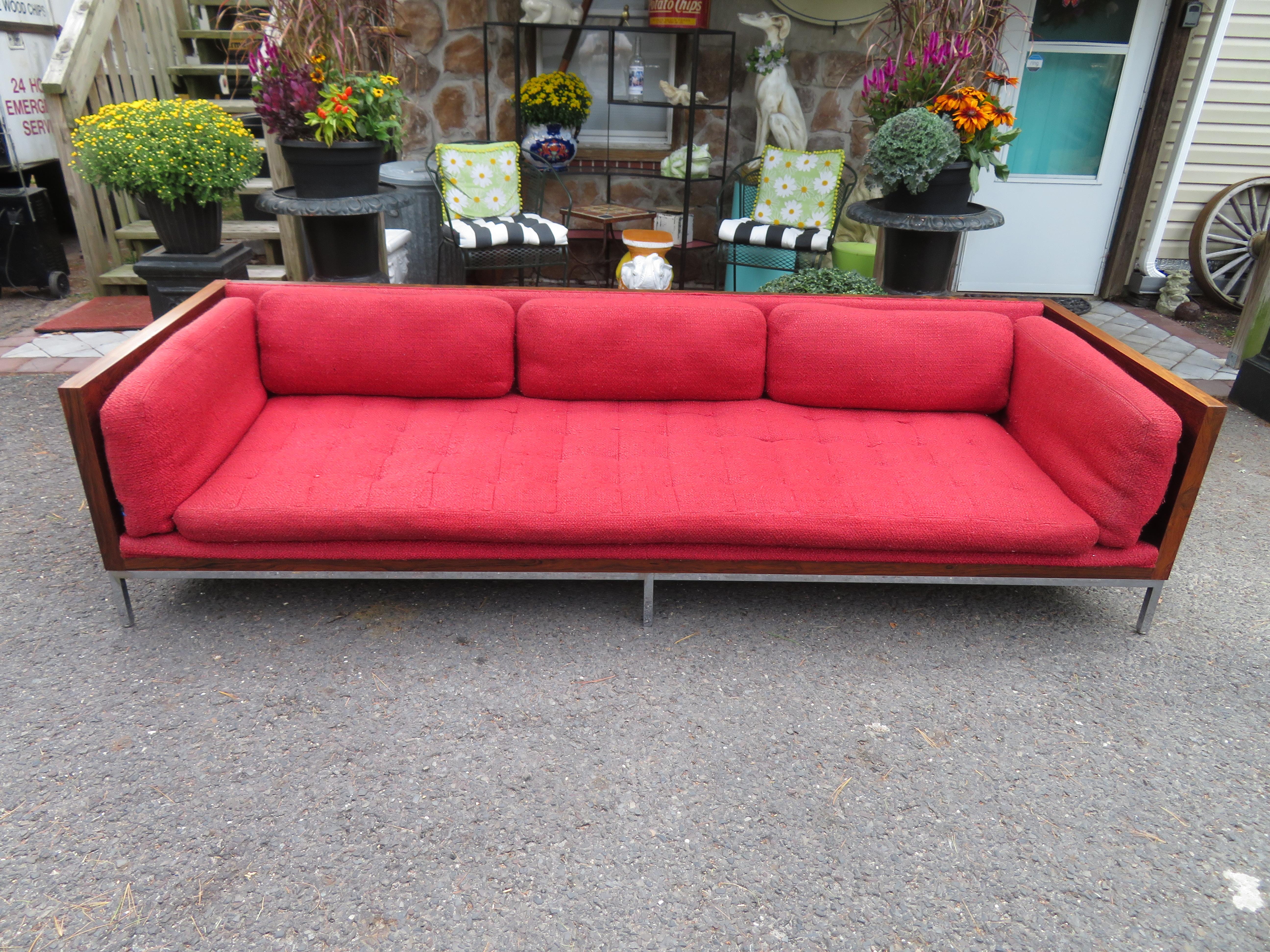 Fantastic Milo Baughman Style Rosewood Case Sofa with Chrome Base Mid-Century For Sale 7