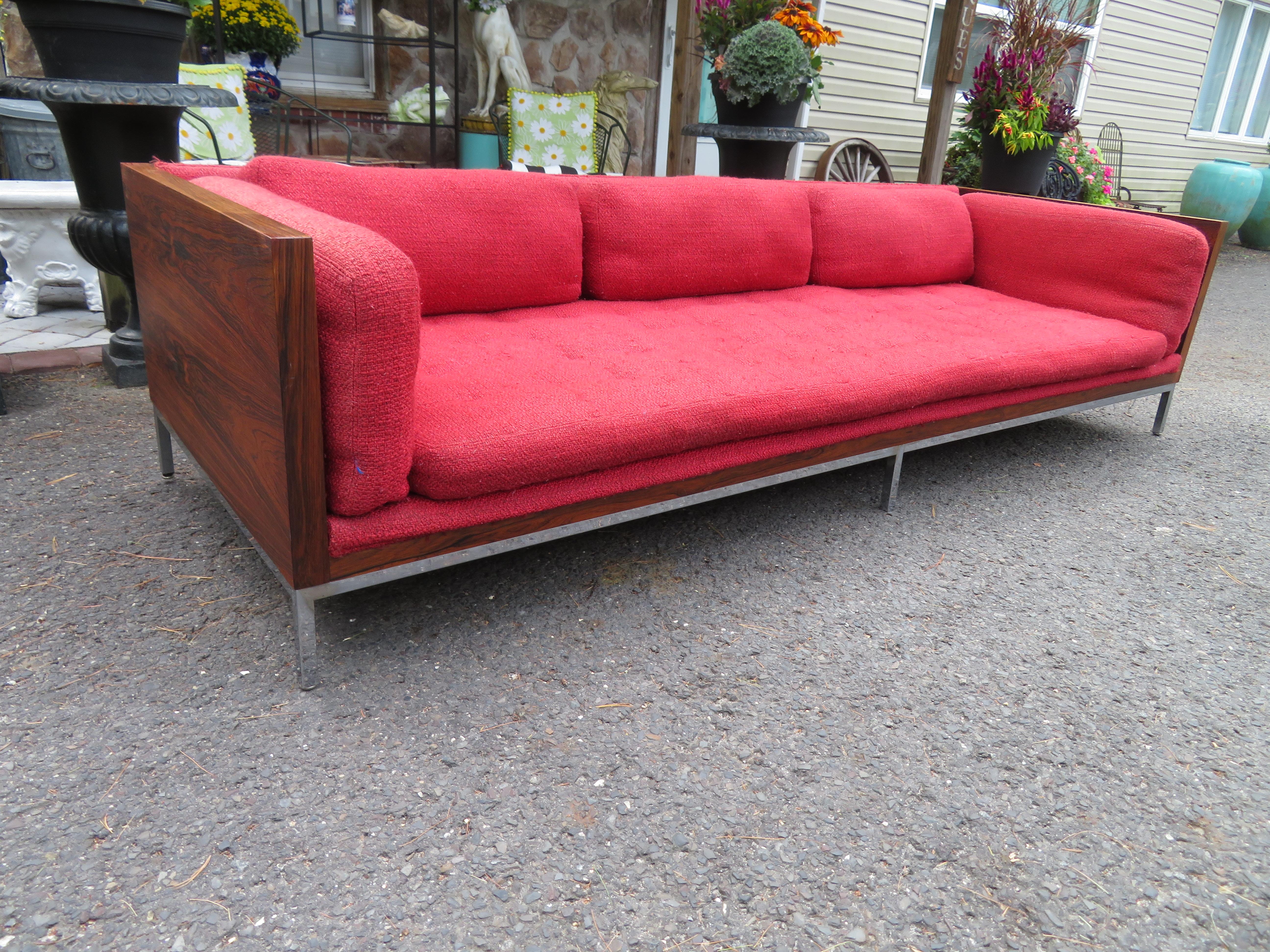 Fantastic Milo Baughman Style Rosewood Case Sofa with Chrome Base Mid-Century For Sale 8