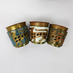 Fantastica brocca in ottone e mosaico di Salvador Teran con 3 bicchieri