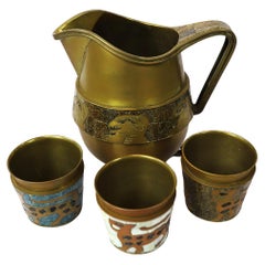 Fantastic Mosaic and Brass Pitcher by Salvador Teran with 3 glasses
