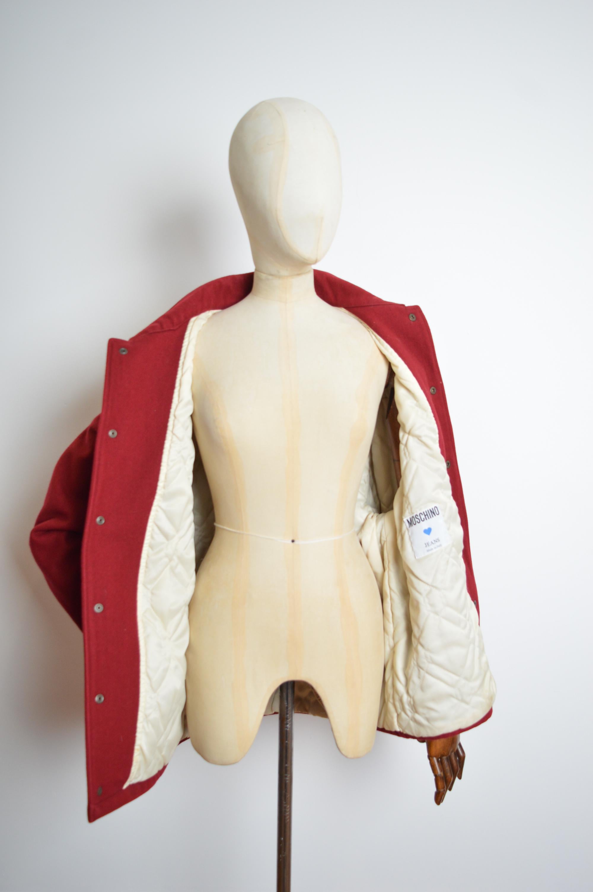 Fantastic MOSCHINO early 1990's burgundy Wool & leather varsity jacket - Coat For Sale 6