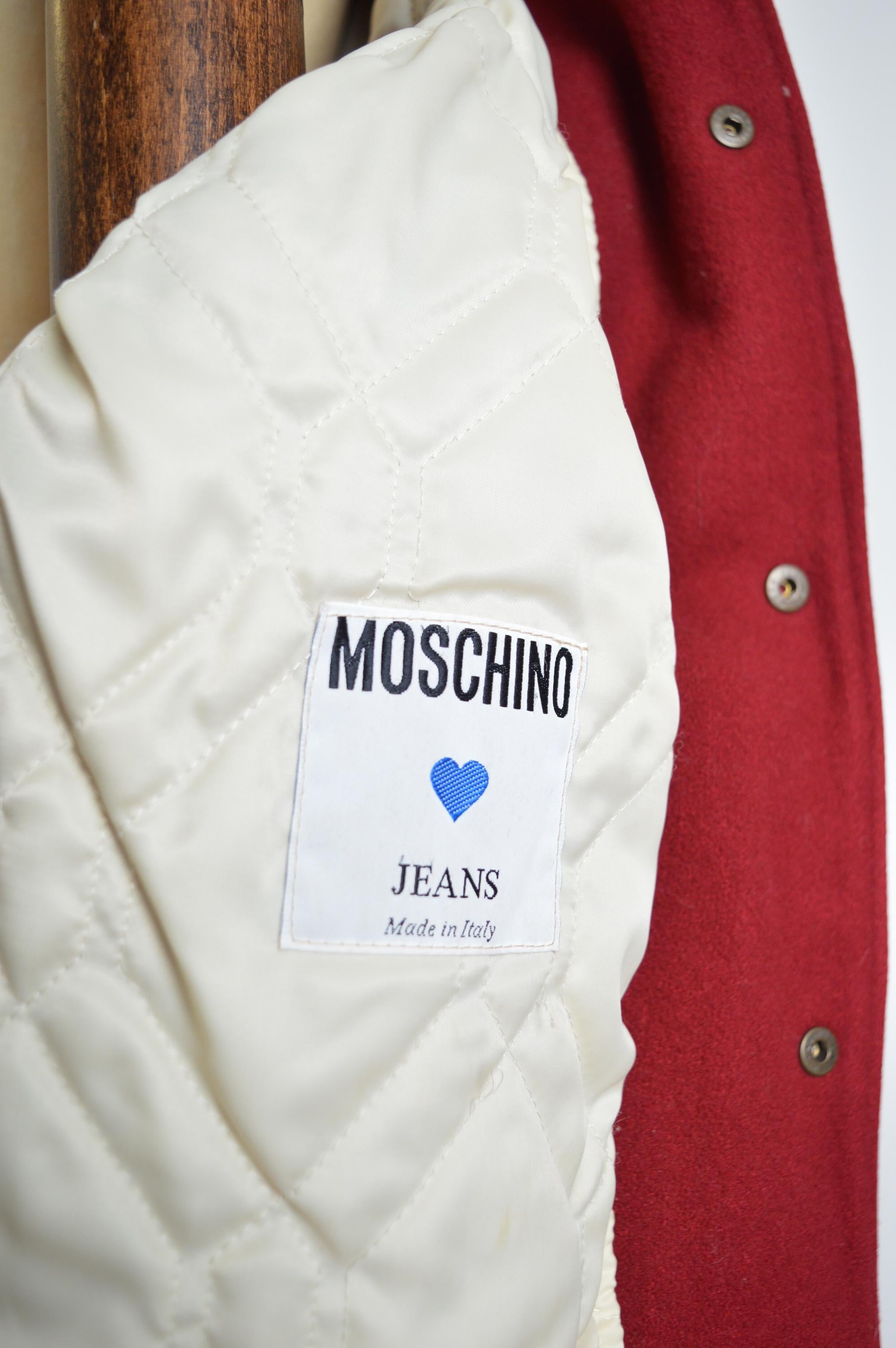 Fantastic MOSCHINO early 1990's burgundy Wool & leather varsity jacket - Coat For Sale 8