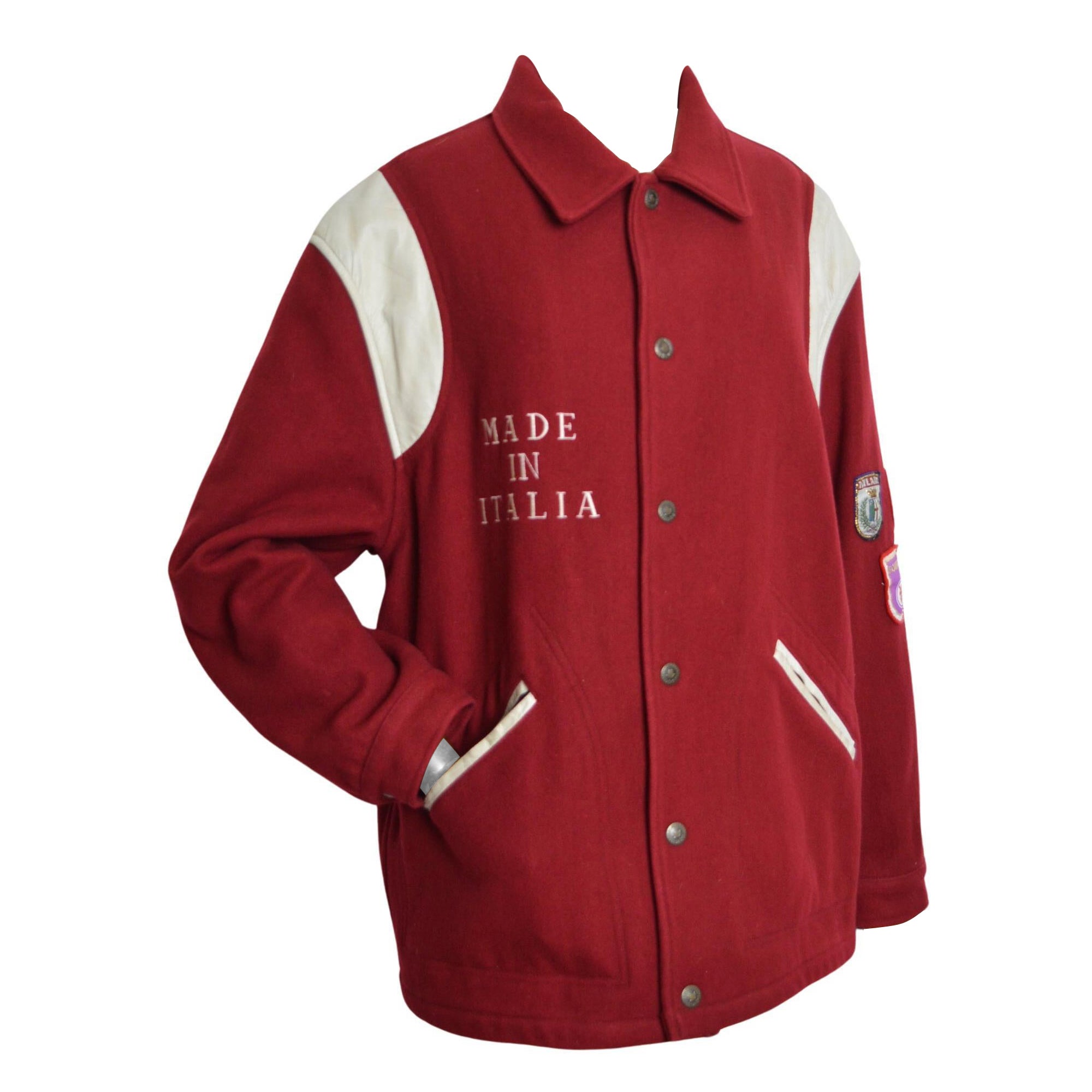 Fantastico Moschino, giacca varsity in lana e pelle bordeaux dei primi anni 
90 - Coates in vendita