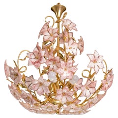 Fantastic Murano Chandelier Full of Pink Flowers, 1970s