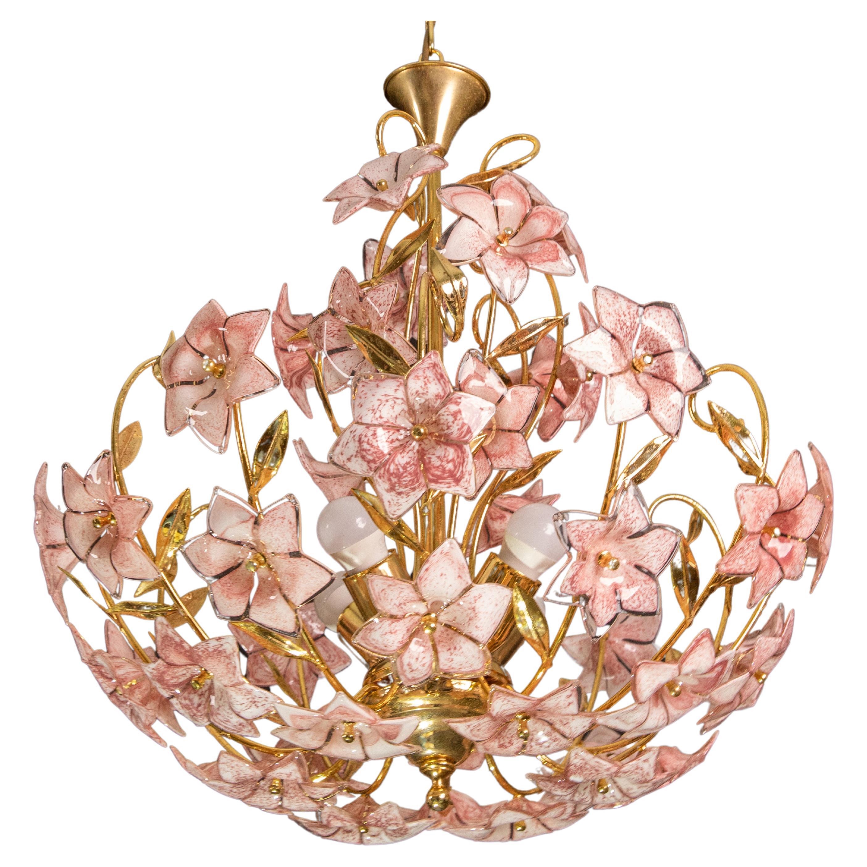 Fantastic Murano Chandelier Full of Pink Flowers, 1970s