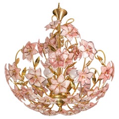 Retro Fantastic Murano Chandelier Full of Pink Flowers, 1970s