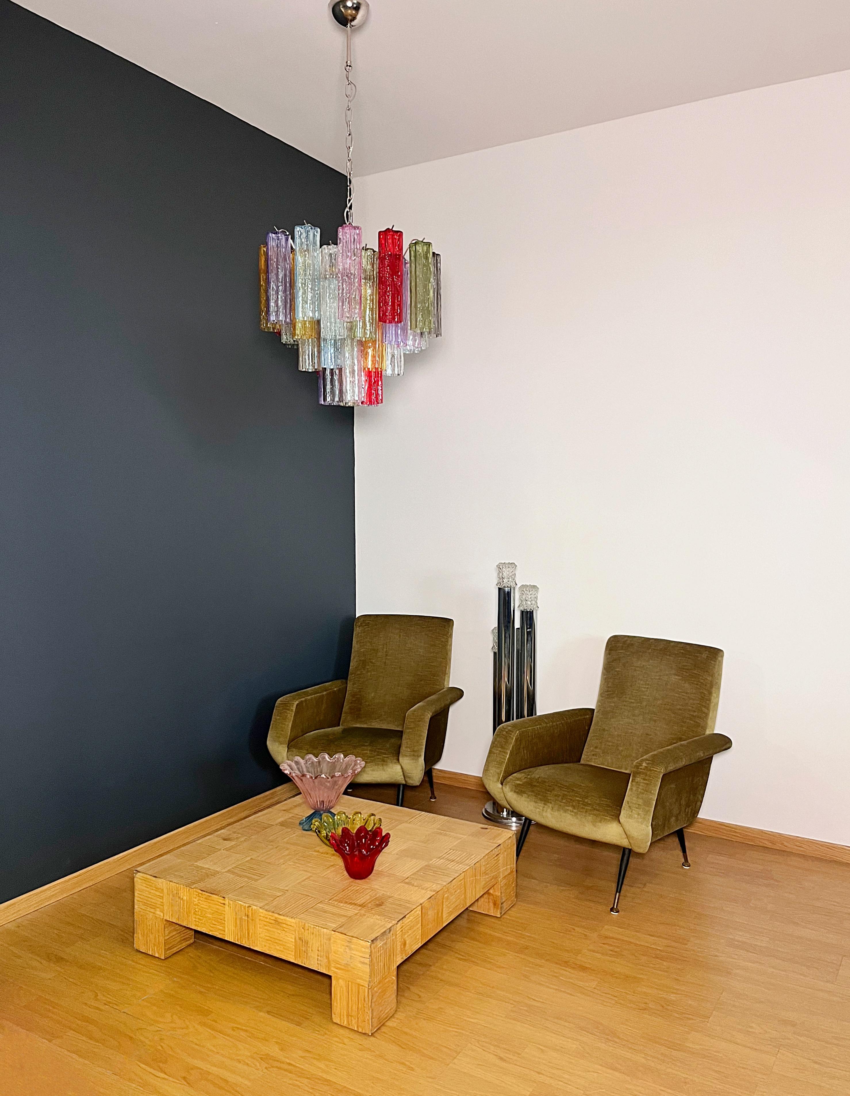 Italian vintage chandelier in Murano glass and nickel-plated metal structure. The polished nickel armor supports 36 large multicolored tubes in a star shape.
Period: late 20th century
Dimensions: 	45.30 inches (115 cm) height with chain; 19.70