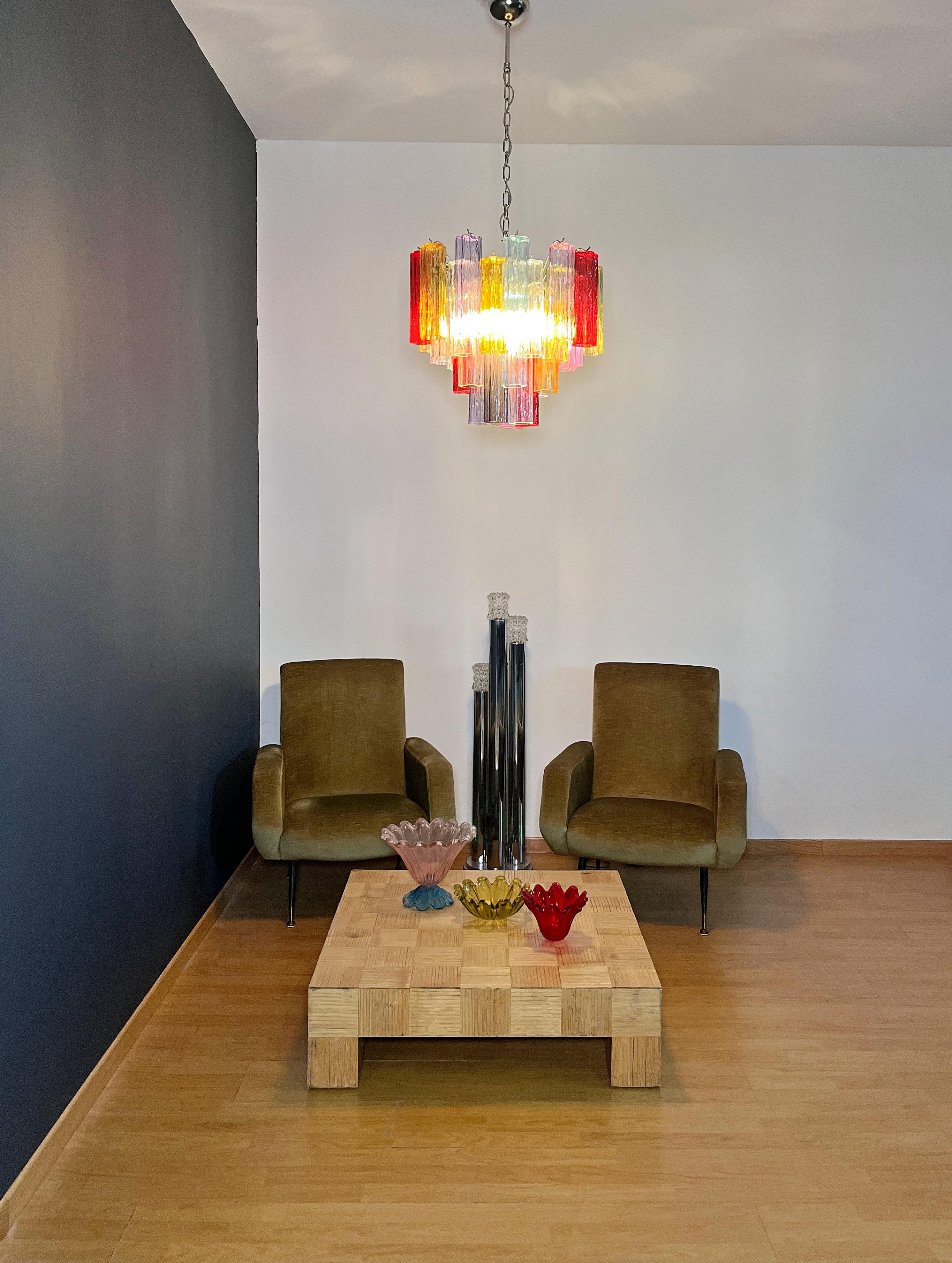 Galvanized Fantastic Murano Glass Tube Chandelier - 36 multicolored glass tubes For Sale