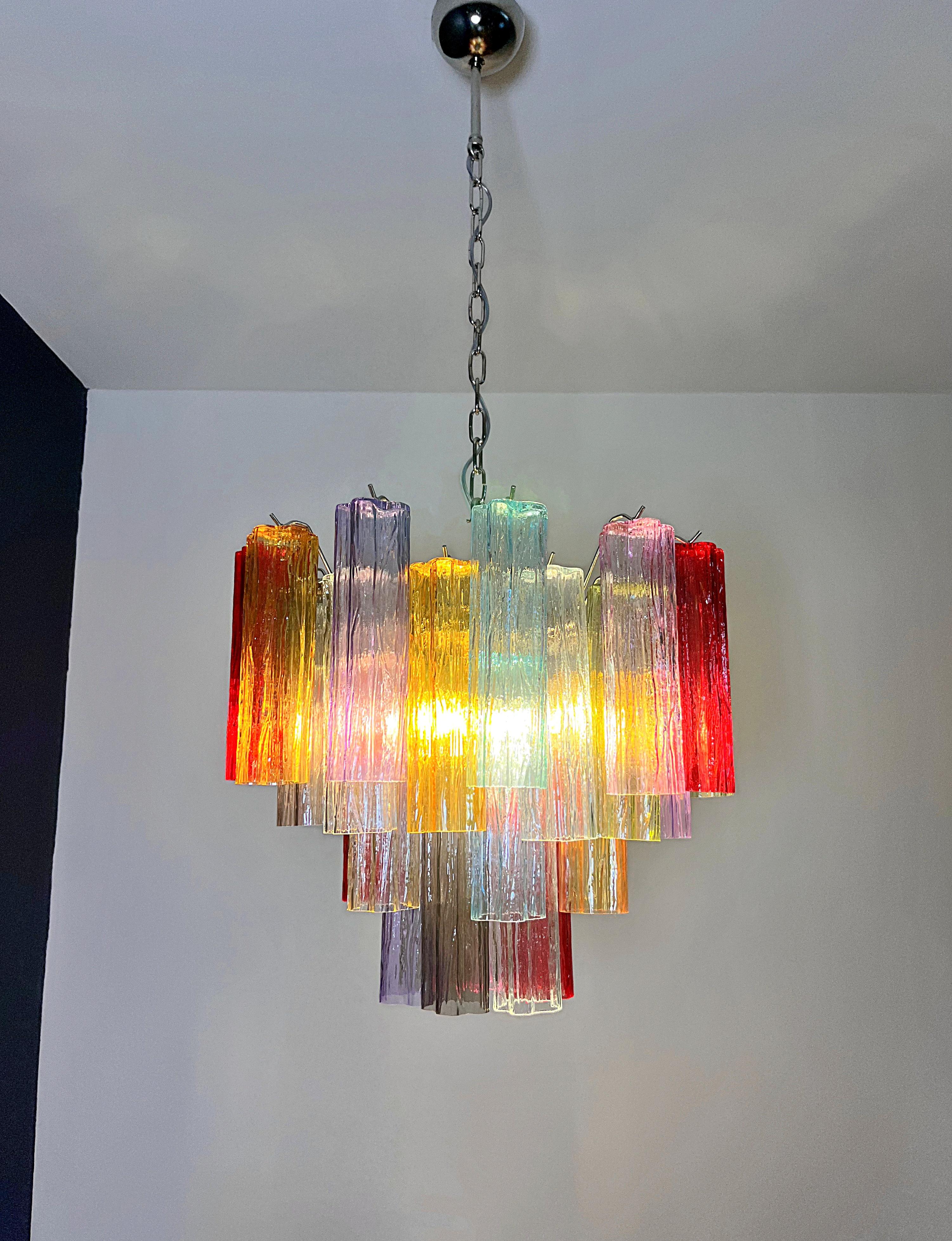 Blown Glass Fantastic Murano Glass Tube Chandelier - 36 multicolored glass tubes For Sale