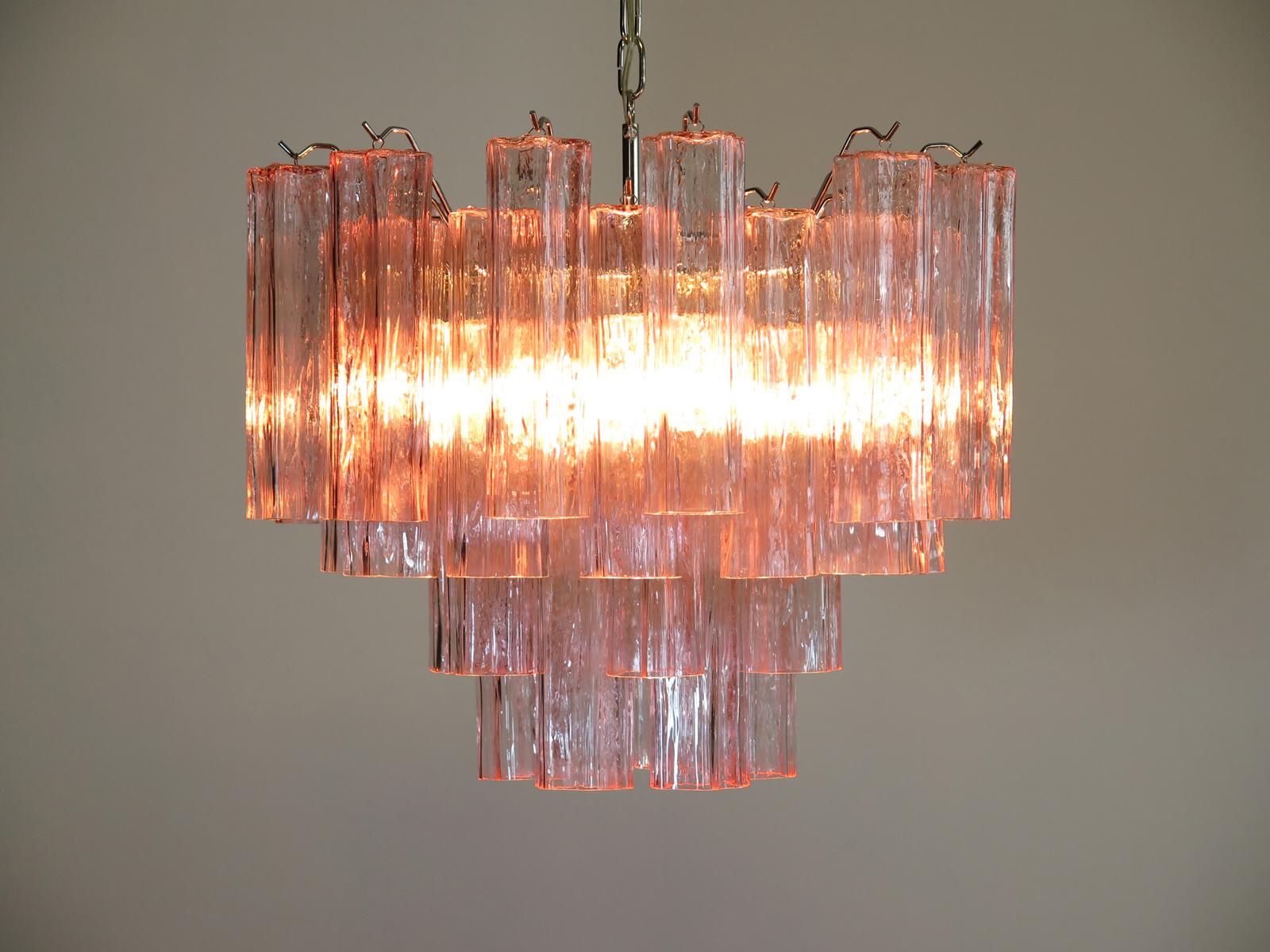 Mid-Century Modern Fantastic Murano Glass Tube Chandelier, 36 Pink Glass Tube