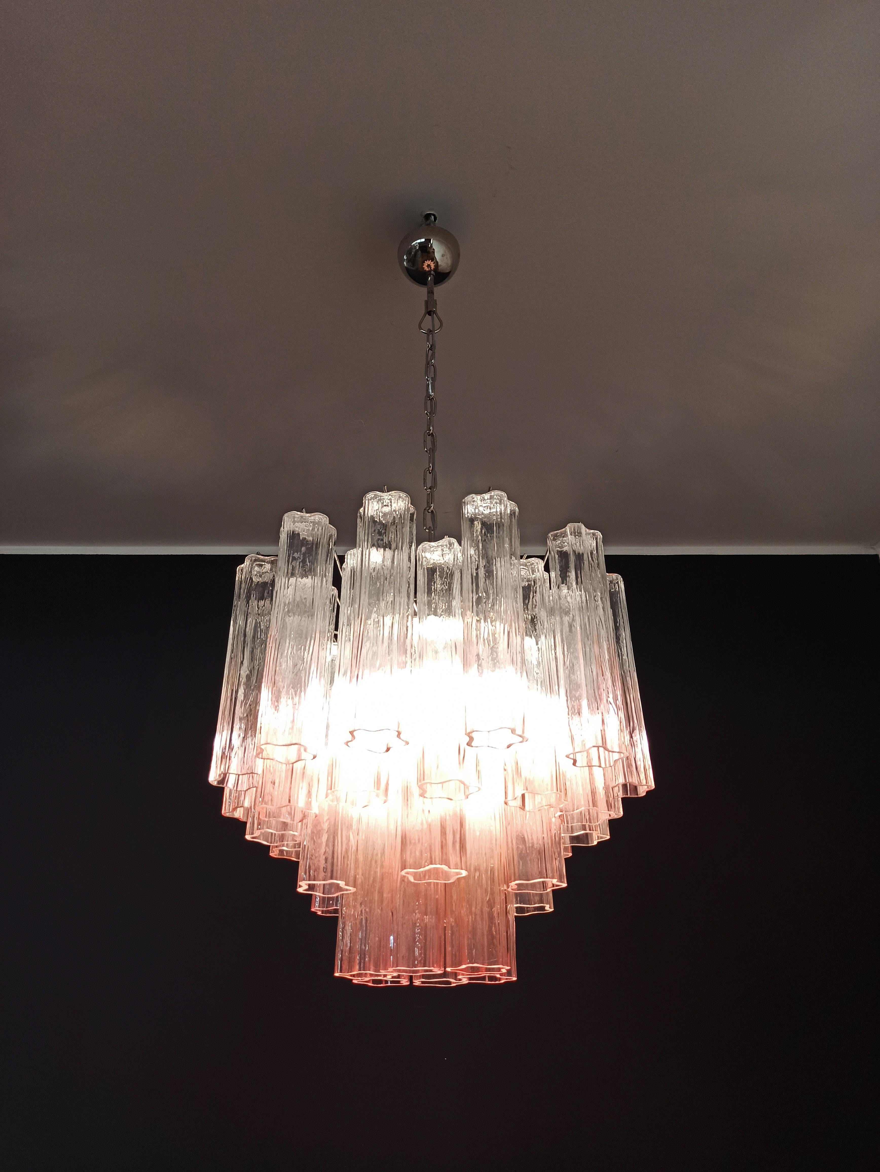 Mid-Century Modern Fantastic Murano Glass Tube Chandelier - 36 shaded pink glass tube For Sale