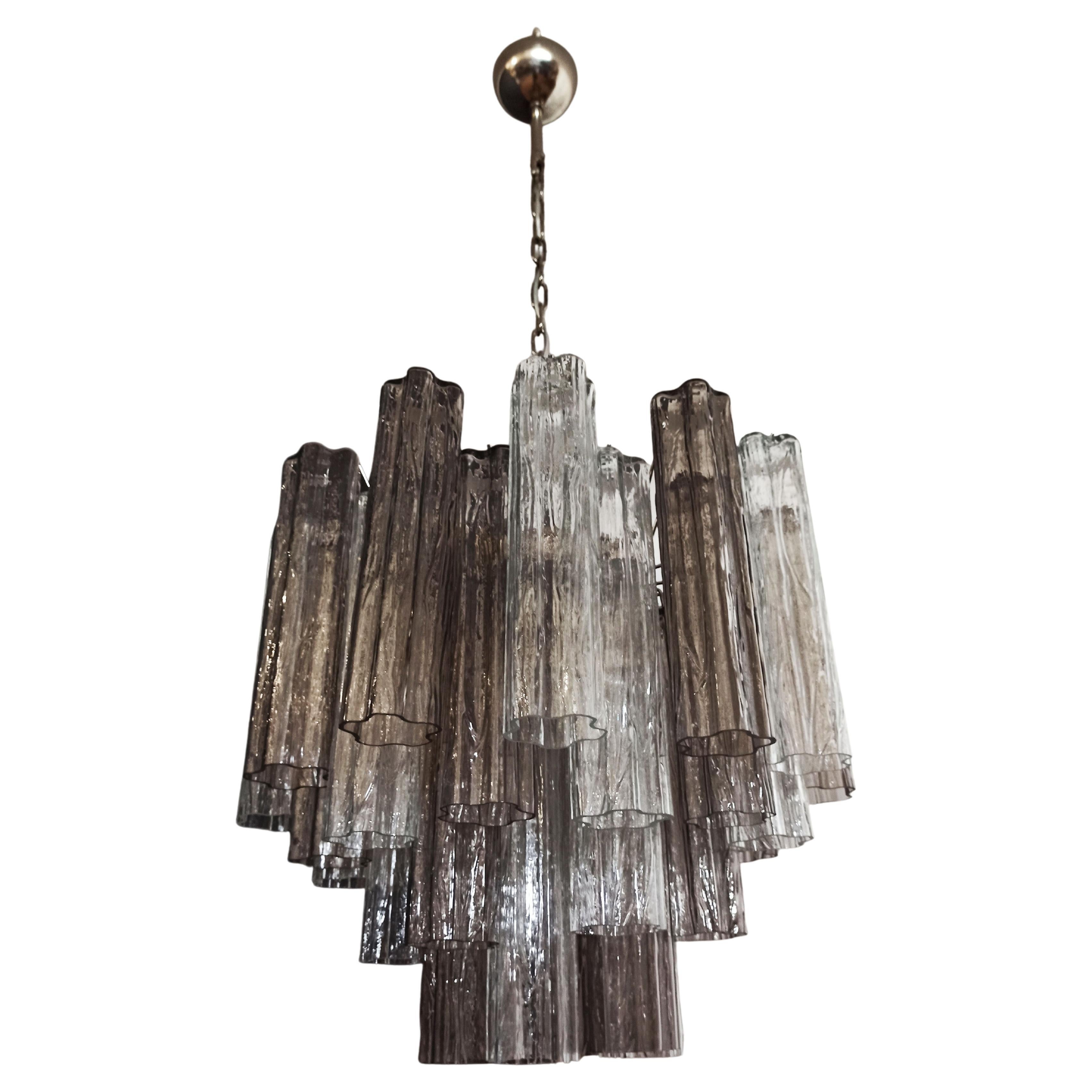 Fantastic Murano Glass Tube Chandelier - 36 smoked and clear glass tube For Sale