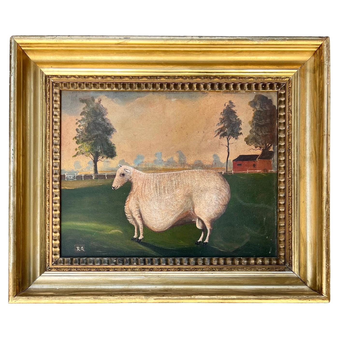 Fantastic Naive School Folk Art Painting of a Sheep in the Field