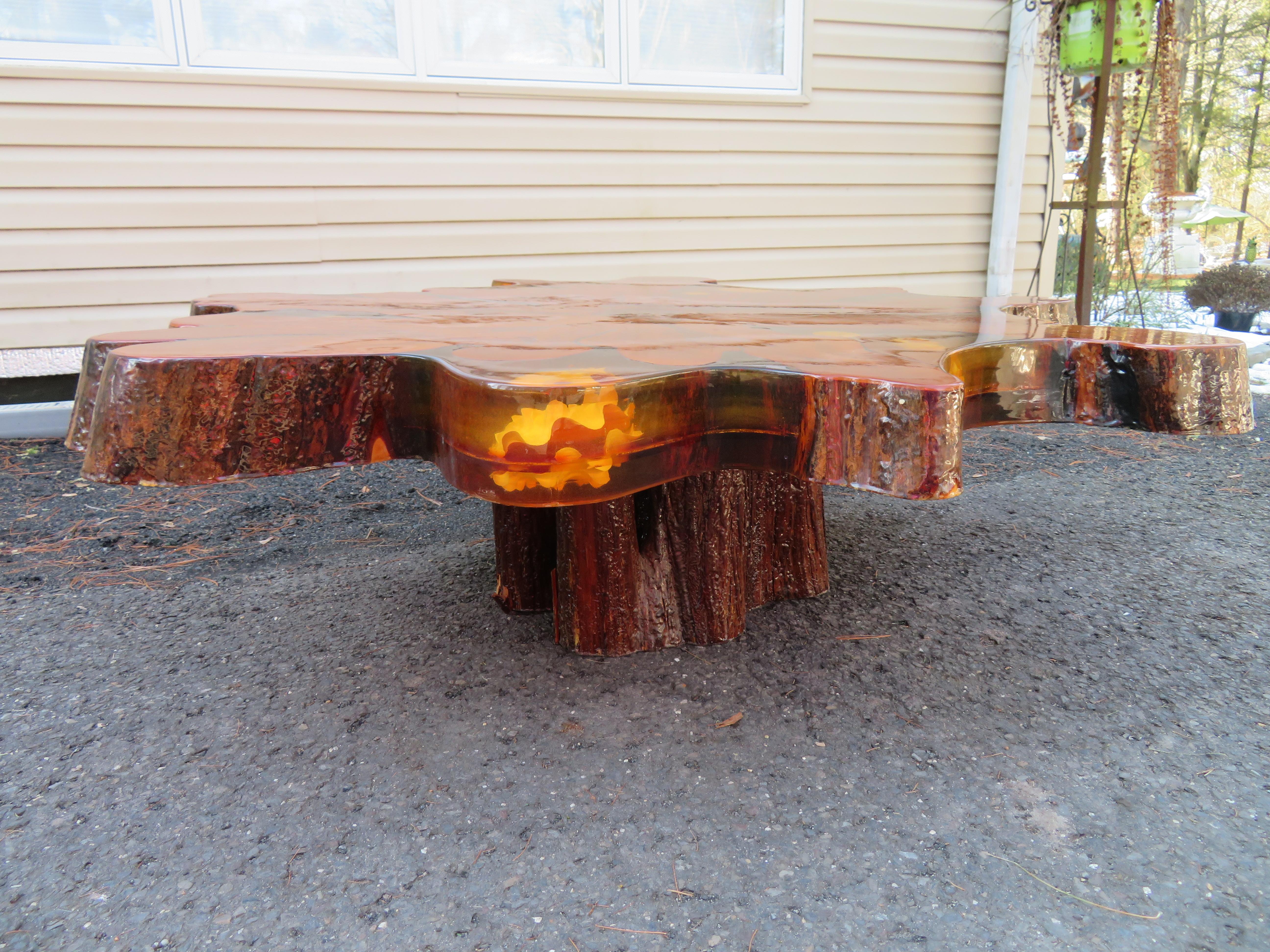 Fantastic Nakashima Style Live Edge Cypress Coffee Table with Embedded Seashells For Sale 4