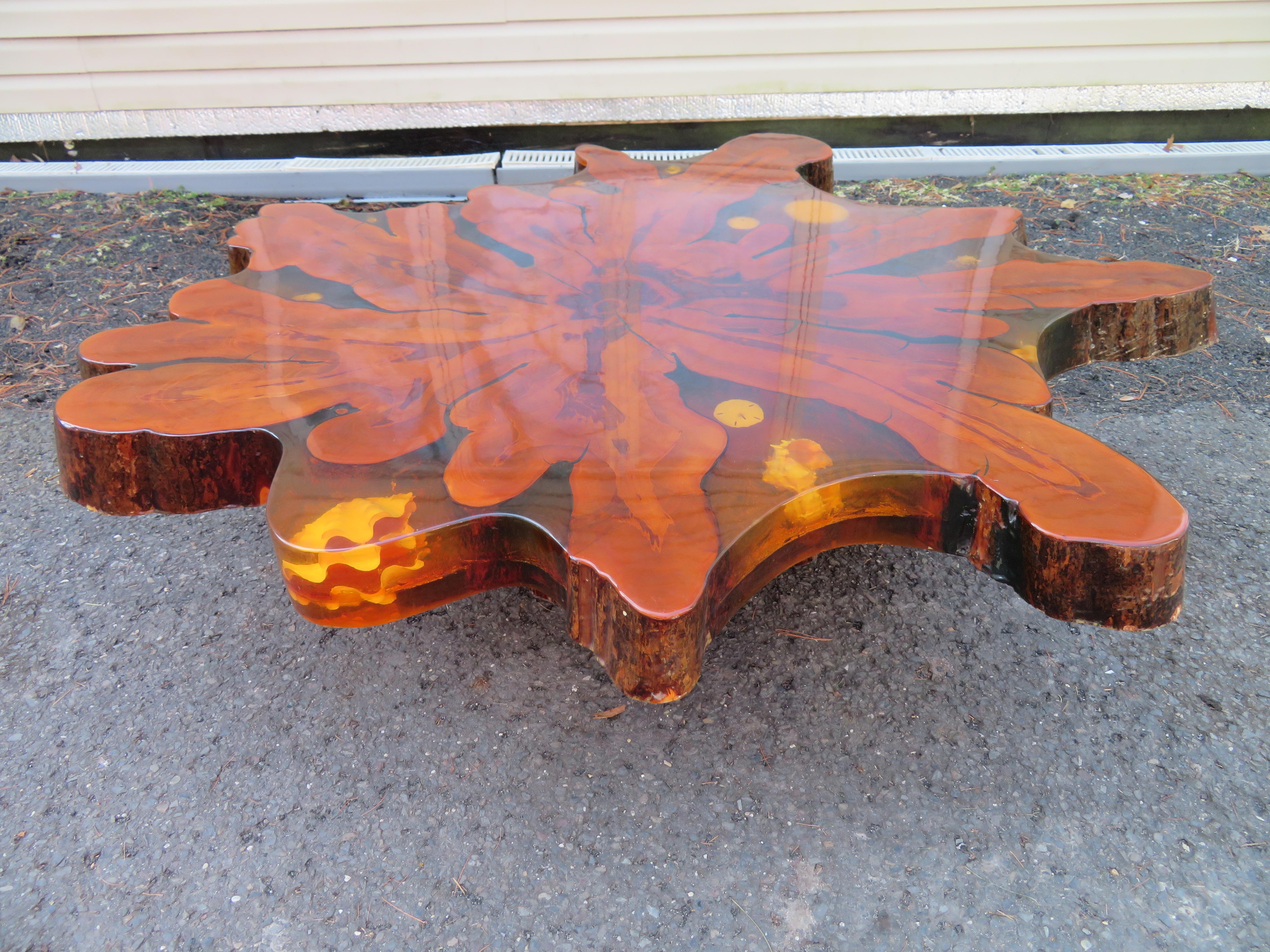 Fantastic Nakashima Style Live Edge Cypress Coffee Table with Embedded Seashells For Sale 5